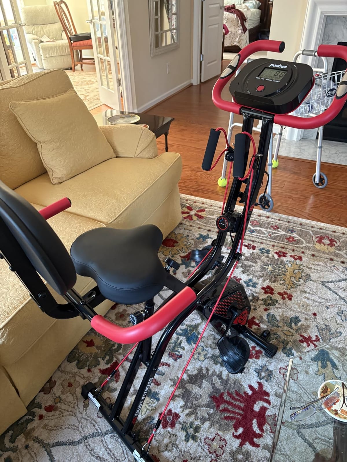pooboo Folding Magnetic X-Bike, Upright Exercise Bike for Home Gym | Foldable Indoor Stationary Cycling Bike, 8-Level Resistance, 6.6 LBS Flywheel, 300 LB Capacity, Back Support Cushion customer photo 2