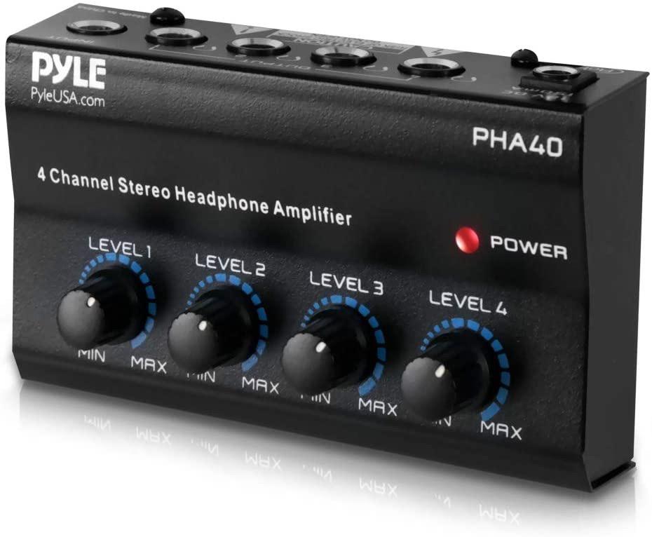 Pyle PHA40 4-Channel Portable Stereo Headphone Amplifier - Professional Multi Channel Mini Earphone Splitter Amp w/ 4 1/4