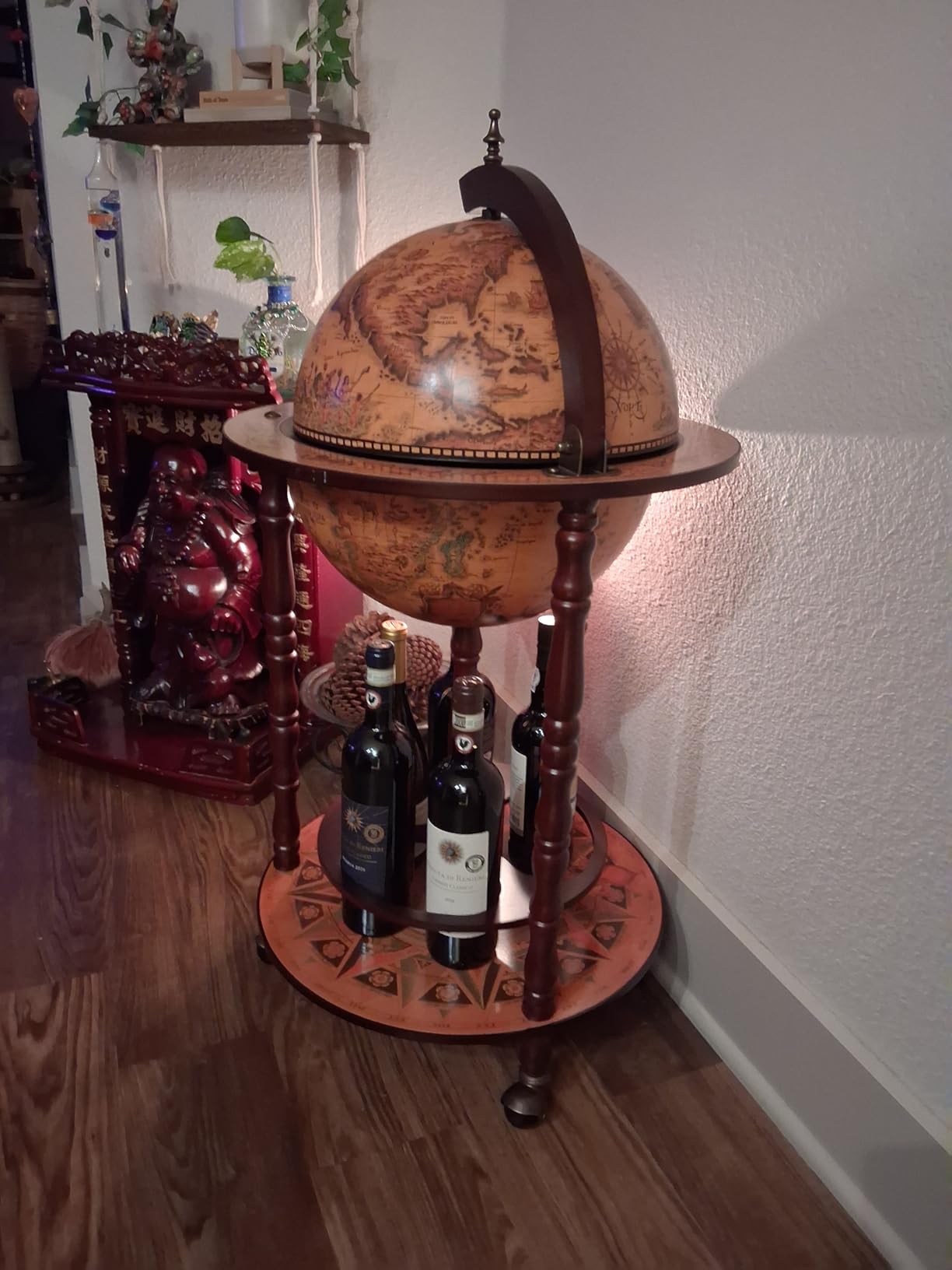 vidaXL Eucalyptus Wood Globe Bar Stand - Brown, Mobile Wine Storage, Solid Wood Construction, Perfect for Home, Office, and Reception Area. customer photo 1