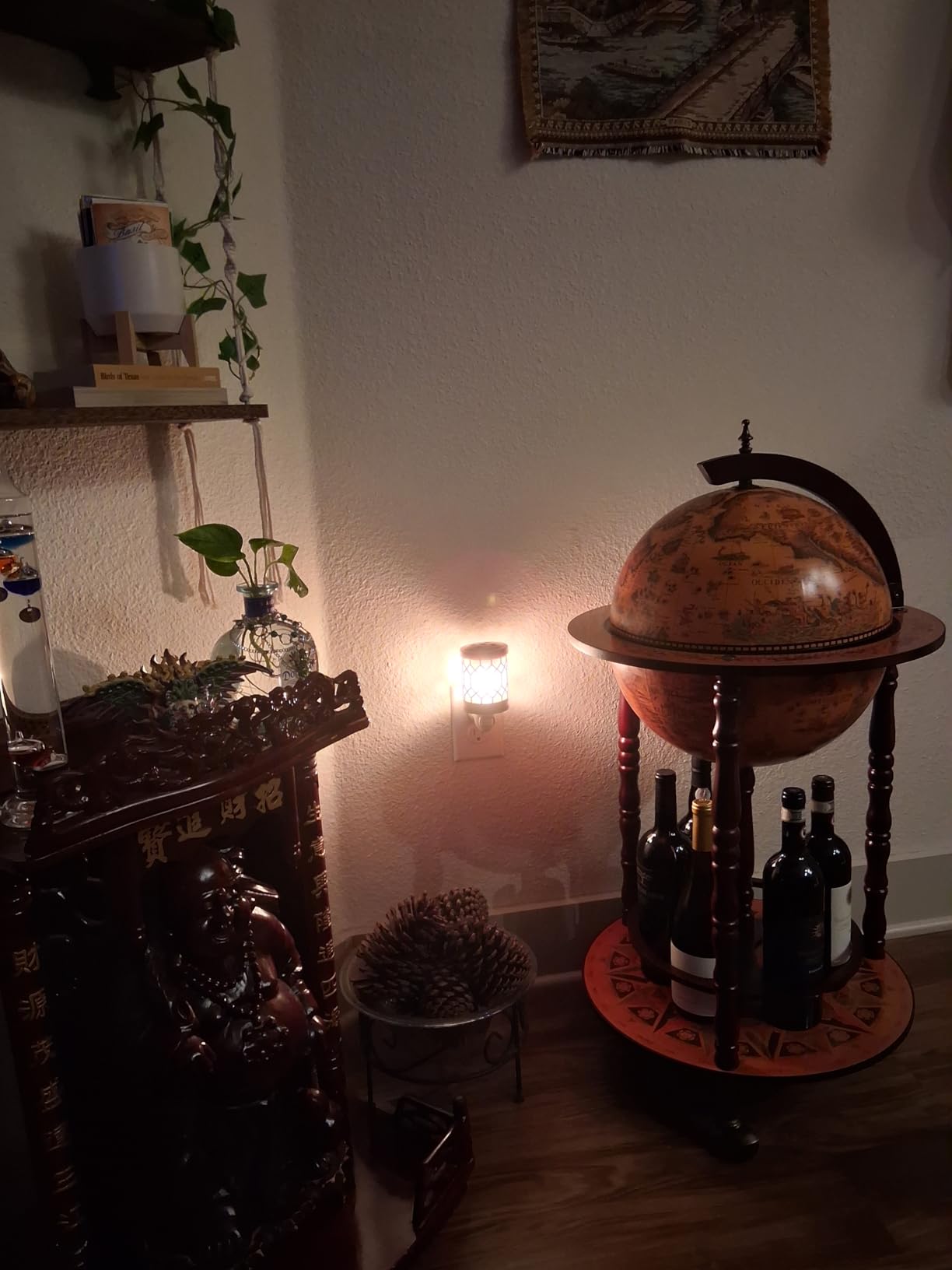 vidaXL Eucalyptus Wood Globe Bar Stand - Brown, Mobile Wine Storage, Solid Wood Construction, Perfect for Home, Office, and Reception Area. customer photo 2