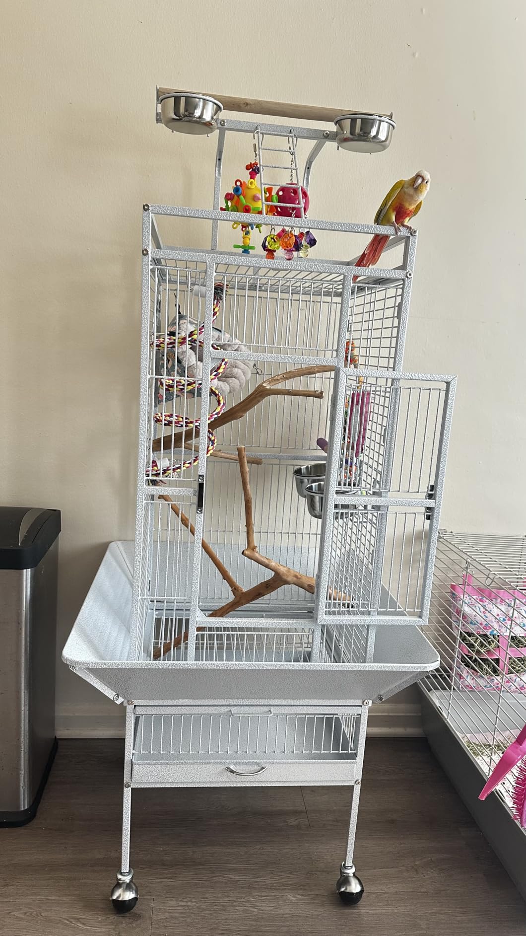 Yaheetech Wrought Iron Bird Cages, Play Top Large Aviary with Stand for Cockatiel Parrot Sun Parakeet Conures Lovebird Budgie Finch African Grey White, 61-inch customer photo 1