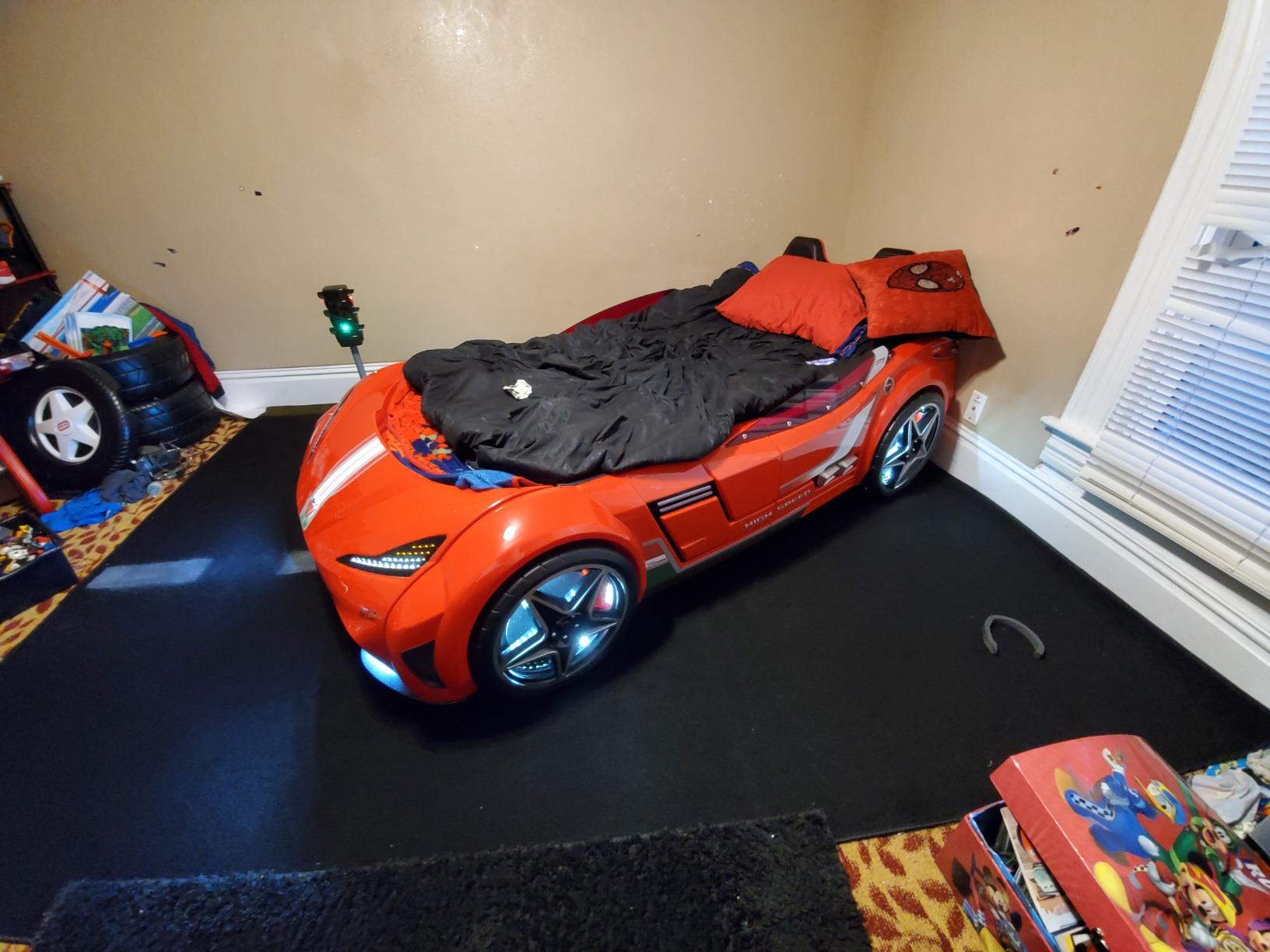 Cilek GTS EV Twin Kids Race Car Bed with Remote Control, LED Lights & Sounds, Vegan Leather Headboard, Guardrails, Non-Toxic, Fits Twin Mattress, Red customer photo 2