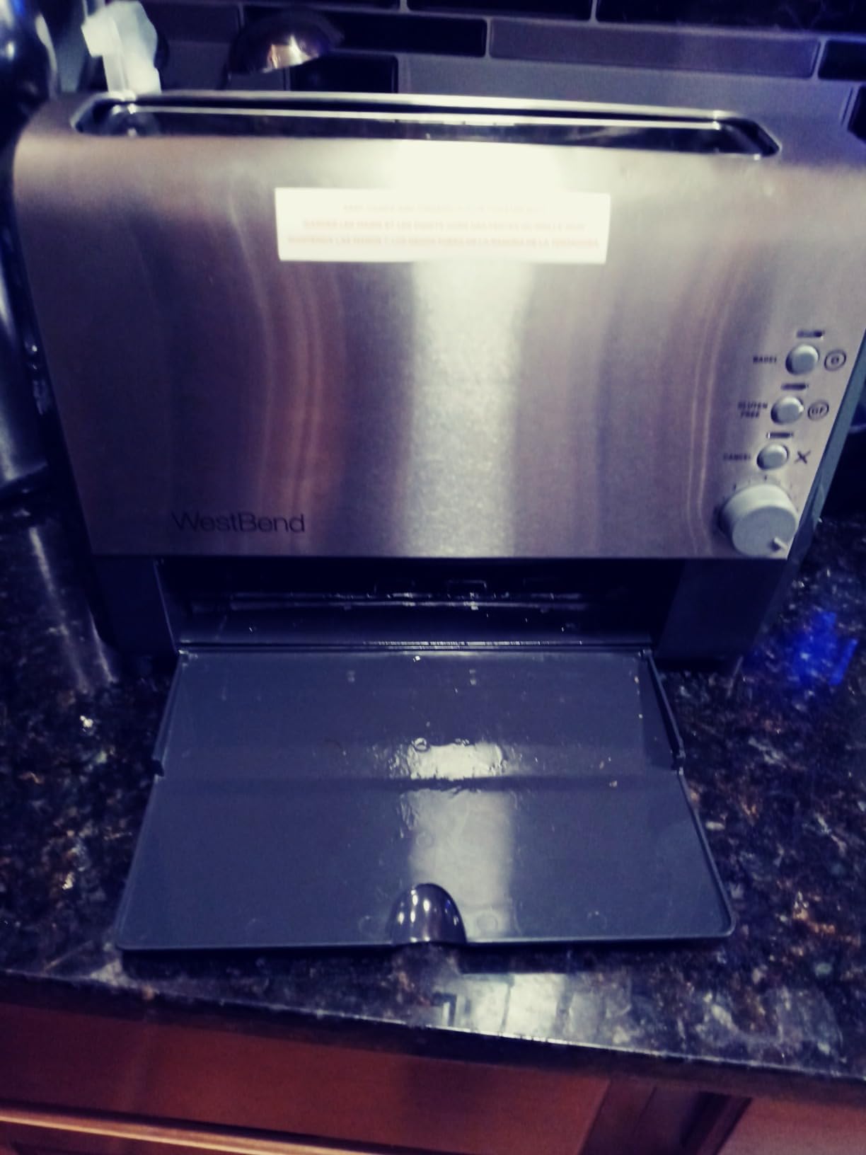 West Bend QuikServe Toaster, 2-Slice Wide-Slot Slide-Through Bread Toaster with Bagel and Gluten-Free Settings and Cool-Touch Exterior Fast Toasting, Includes Removable Serving Tray, 1400-Watts, Black customer photo 1