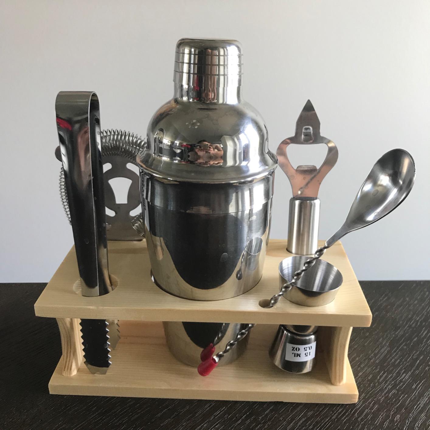 Modern Mixology Cocktail Shaker Set - Bartender Kit with Pine Stand | Leak-Proof Design | Includes Martini Shaker, Jigger, Strainer, Spoon, Tongs | Perfect Bar Tools Gift for Home Mixology (Silver) customer photo 2
