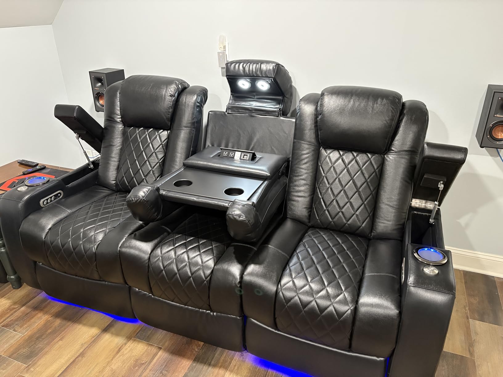 Valencia Home Theater Seating Tuscany 2025 3-Seat Power Recliner with Center Console - Top Grain Nappa 11000 Leather, Cool Gel Memory Foam, USB-C/A Charging, RGB Lights (Midnight Black) customer photo 2