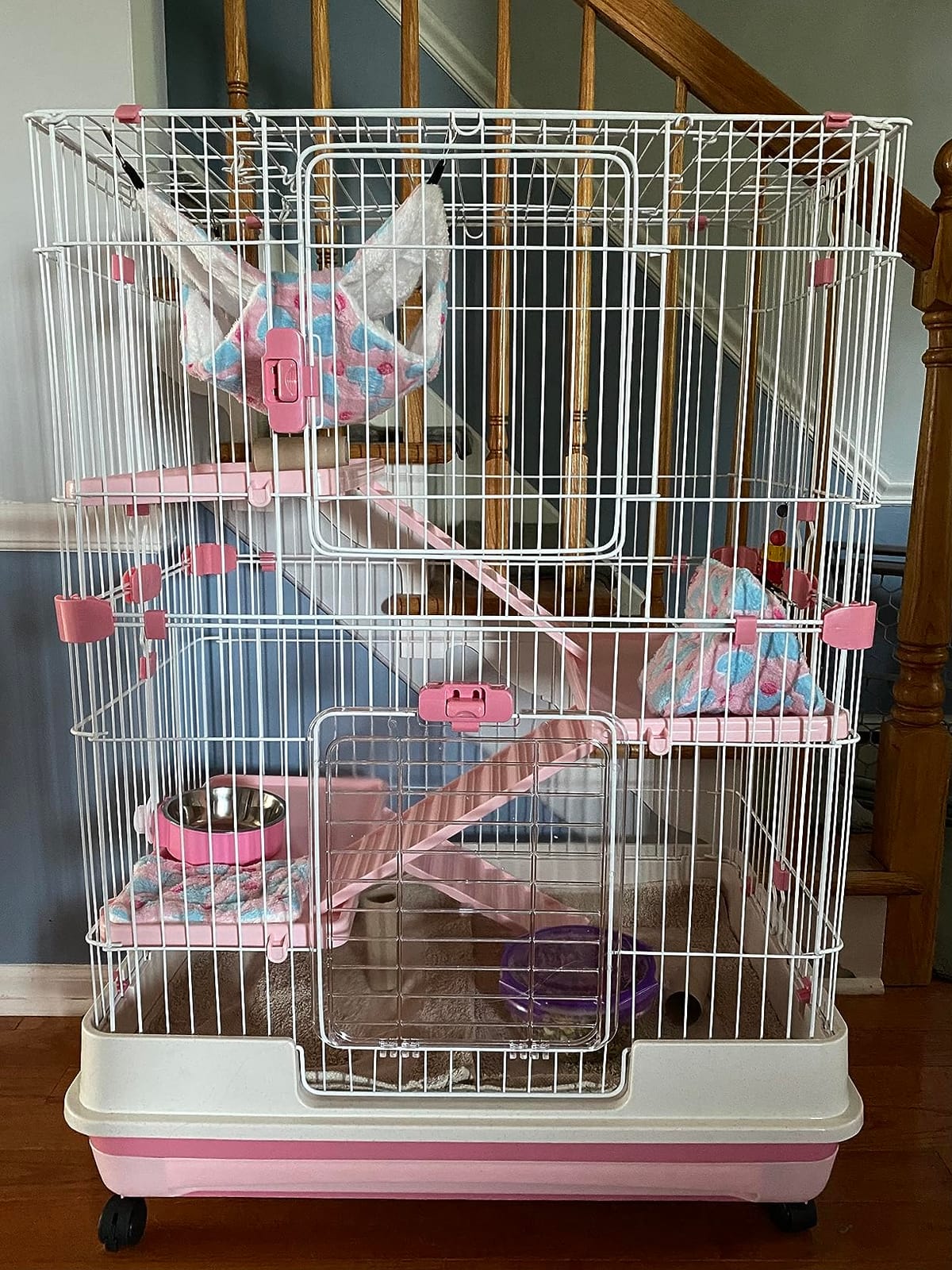 PawHut 6-Level Small Animal Cage Rabbit Hutch with Wheels for Bunny Pink customer photo 1
