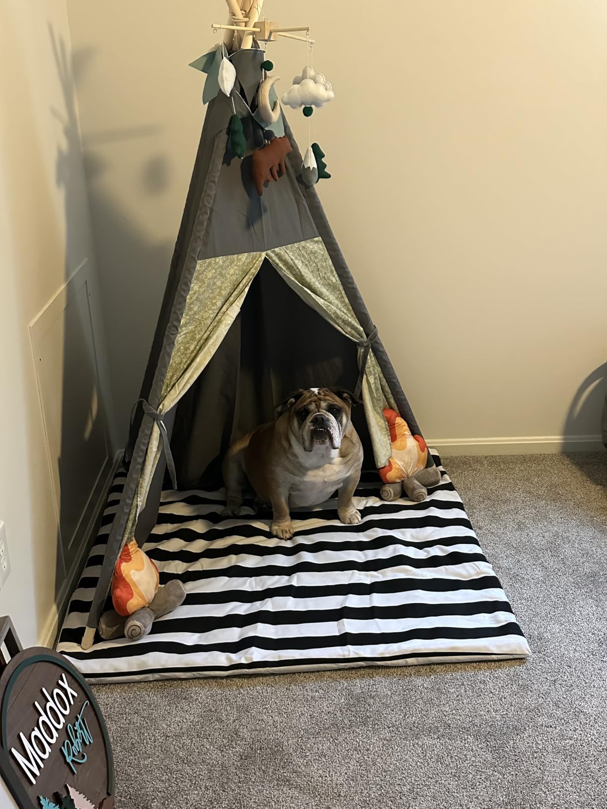 Teepee Tent for Kids Stripe Padded Mat Foldable Dark Tone Grey Play Tents for Girl and Boy with Carry Case Wooden Pole Printing Canvas Tepee Playhouse for Child Indoor Outdoor customer photo 1