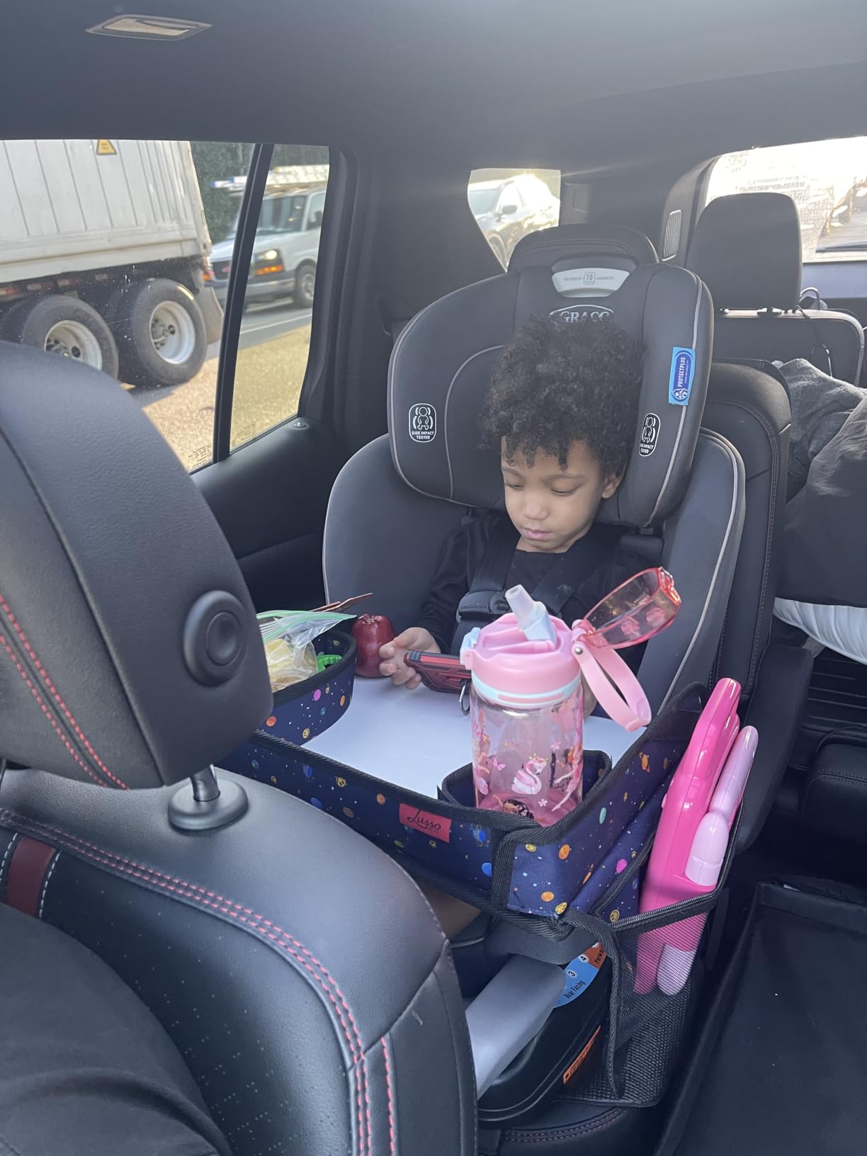 Lusso Gear Kids Travel Tray for Car - Road Trip Essentials for Kids - Car Seat Tray for Travel - Toddler Travel Lap Desk and Organizer - Holds Snacks, Water Bottle, Toys (Blue) customer photo 2