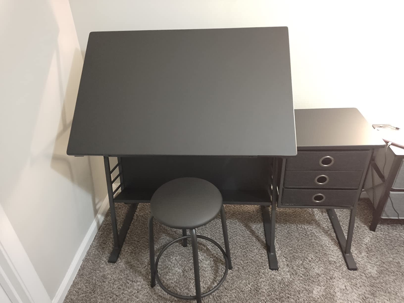 Yaheetech Tilting Drafting Table Art Craft Desk with Stool, Drawers, Black | Steel frame and MDF top adjusts 0-40° for drawing or diamond painting; 3 drawers and shelf organize supplies in small spaces. customer photo 1