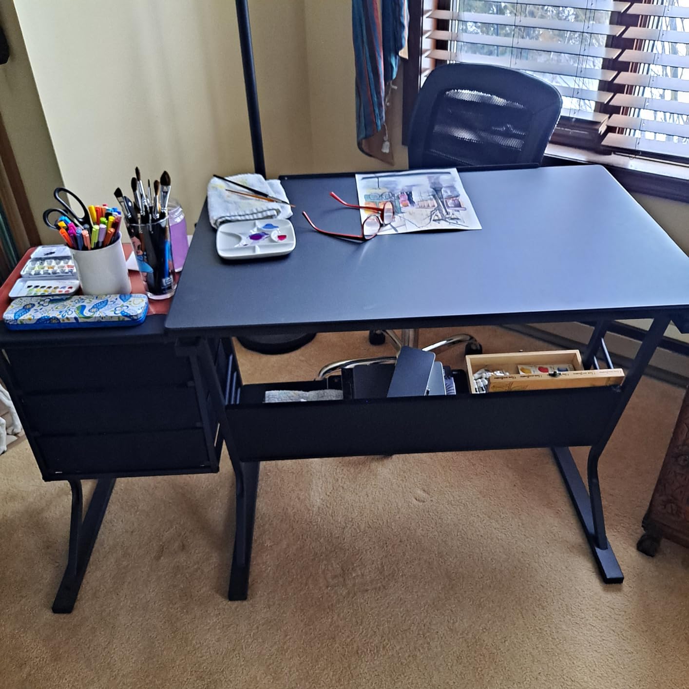 Yaheetech Tilting Drafting Table Art Craft Desk with Stool, Drawers, Black | Steel frame and MDF top adjusts 0-40° for drawing or diamond painting; 3 drawers and shelf organize supplies in small spaces. customer photo 2