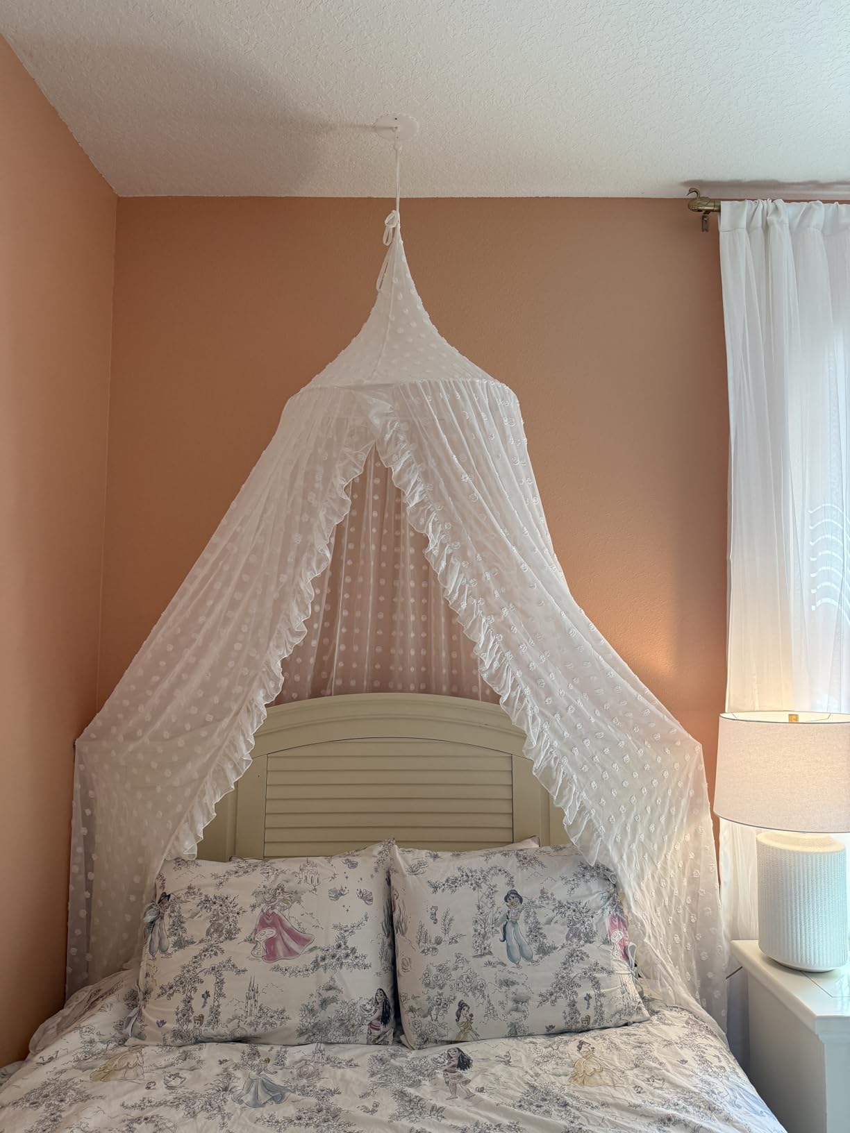 Wonder Space Elegant Kids Bed Canopy - Lace Chiffon Netting with Pom Pom, Princess Girls Fairy Dream Tent, Nursery Room Baby Crib Hanging Curtain Mosquito Net Children Reading Nook Decoration (Beige) customer photo 1