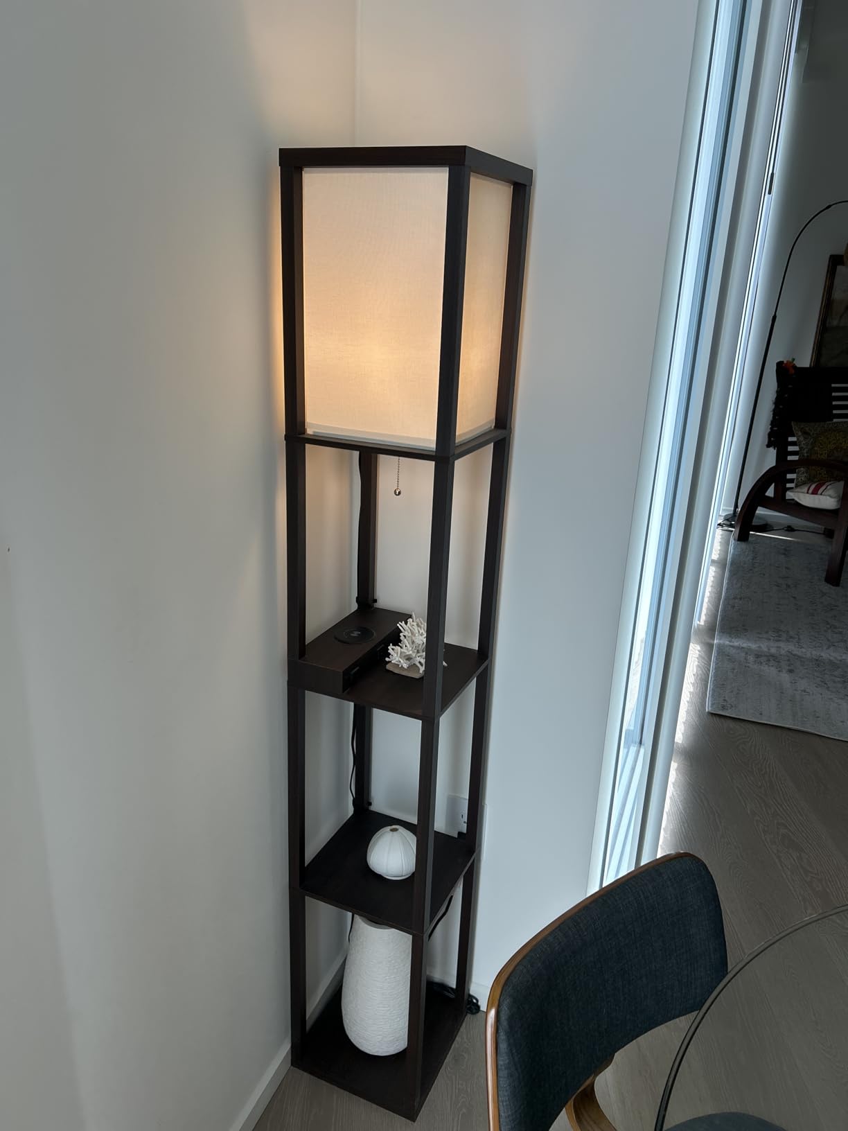 Mlambert Shelf Floor Lamp with Wireless Charger, USB, Type C, AC Port, Wood | Fast Charging USB Ports & Type C Port & 2 Power Outlets, 3 Tier Storage Shelf Lamp, E26 Base, 60W Max (Bulb Not Included) customer photo 1