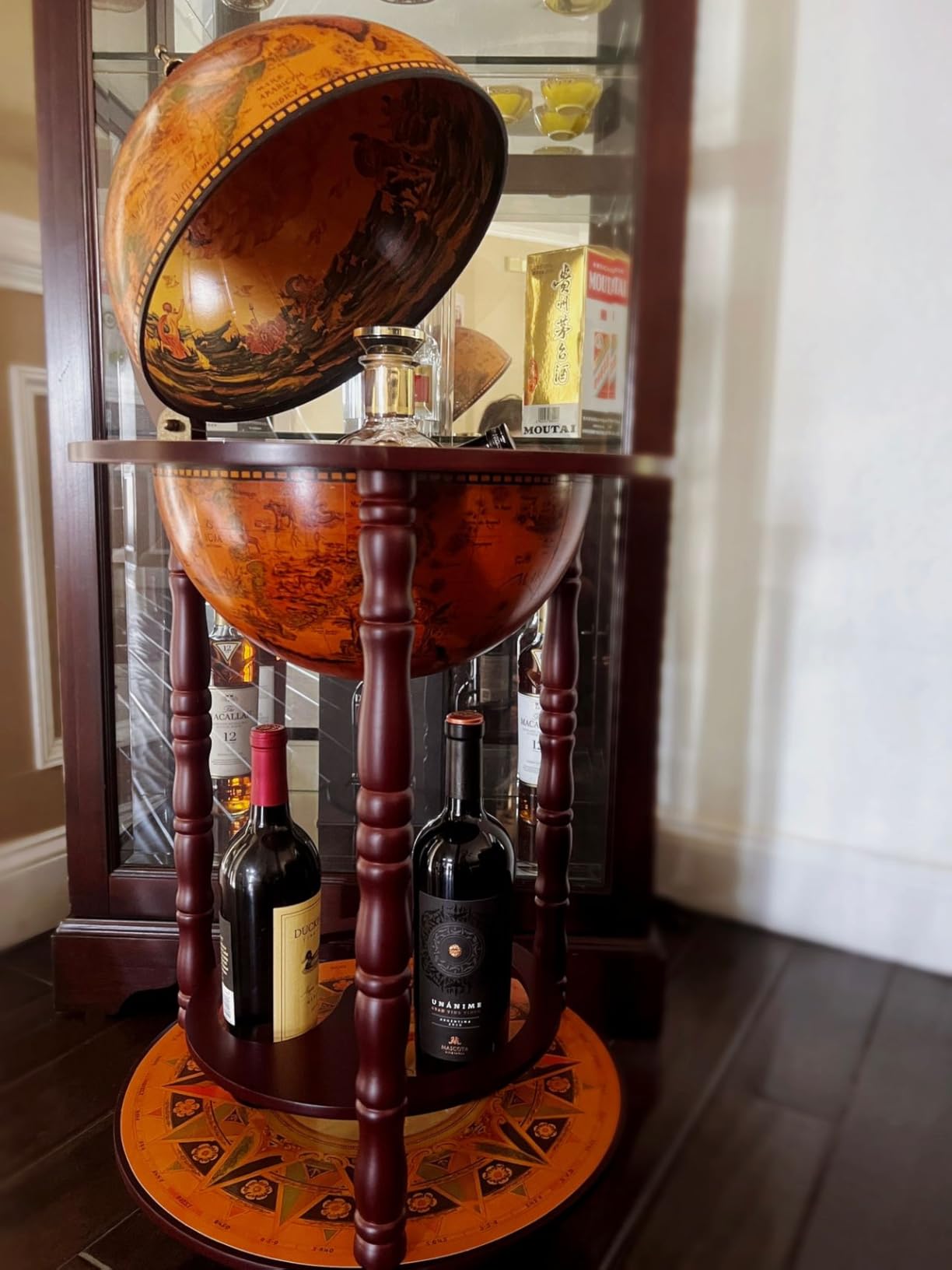 LDAILY Moccha 17’’ Globe Wood Wine Bar Stand, 16th Century Italian Replica Liquor Bottle Shelf w/Wheels, Wood Wine Cart Cabinet, Globe Wine Organizer for Spirits, Beverages Stemware (Creamy White) customer photo 1