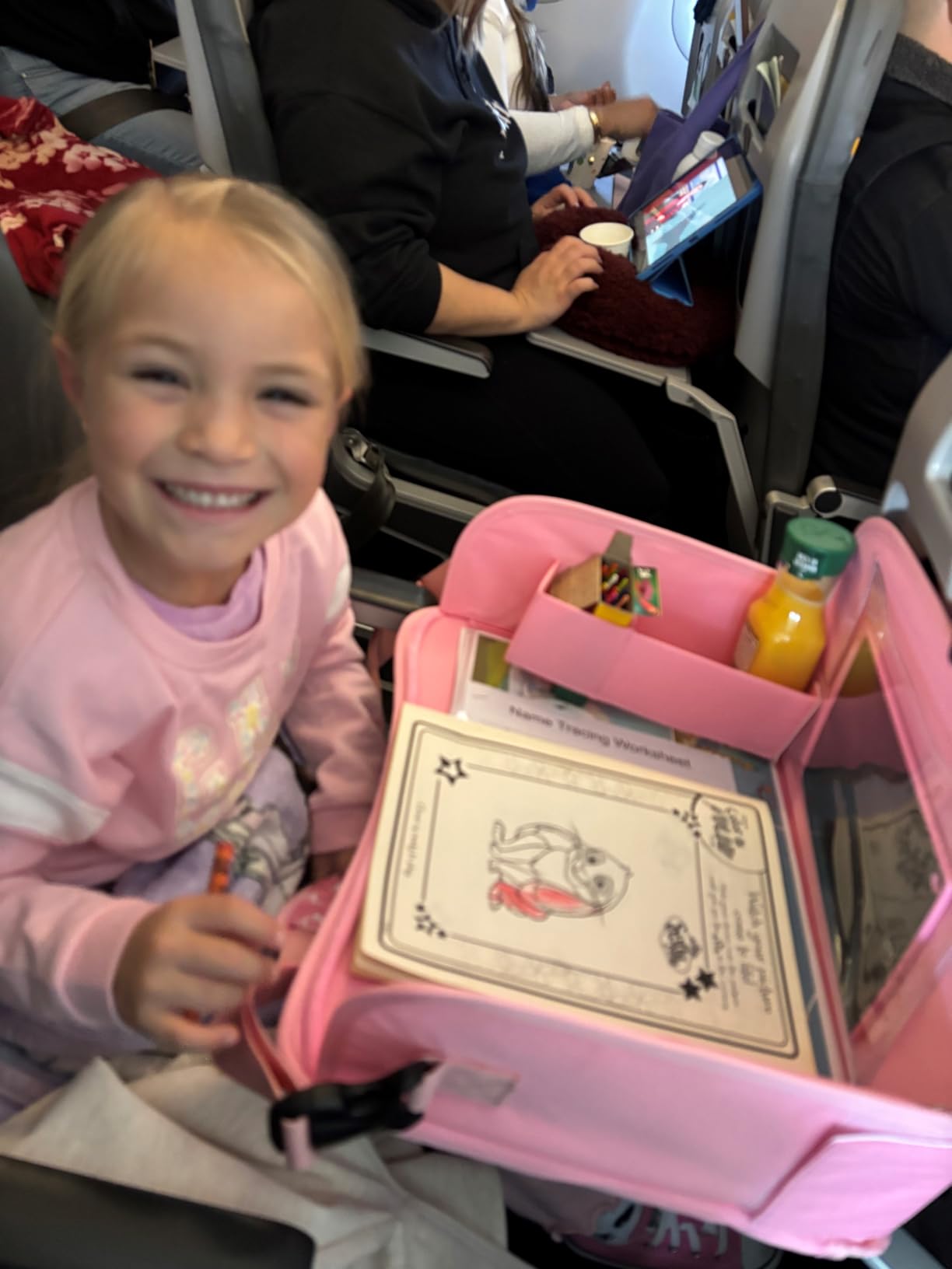 MENZOKE Kids Travel Tray for Toddler Car Seat, Road Trip Activities for Kid | Road Trip Essentials Accessories Lap Tray with iPad Holder Stand & Dry Erase Board as Travel Gifts for Kid, Pink customer photo 1