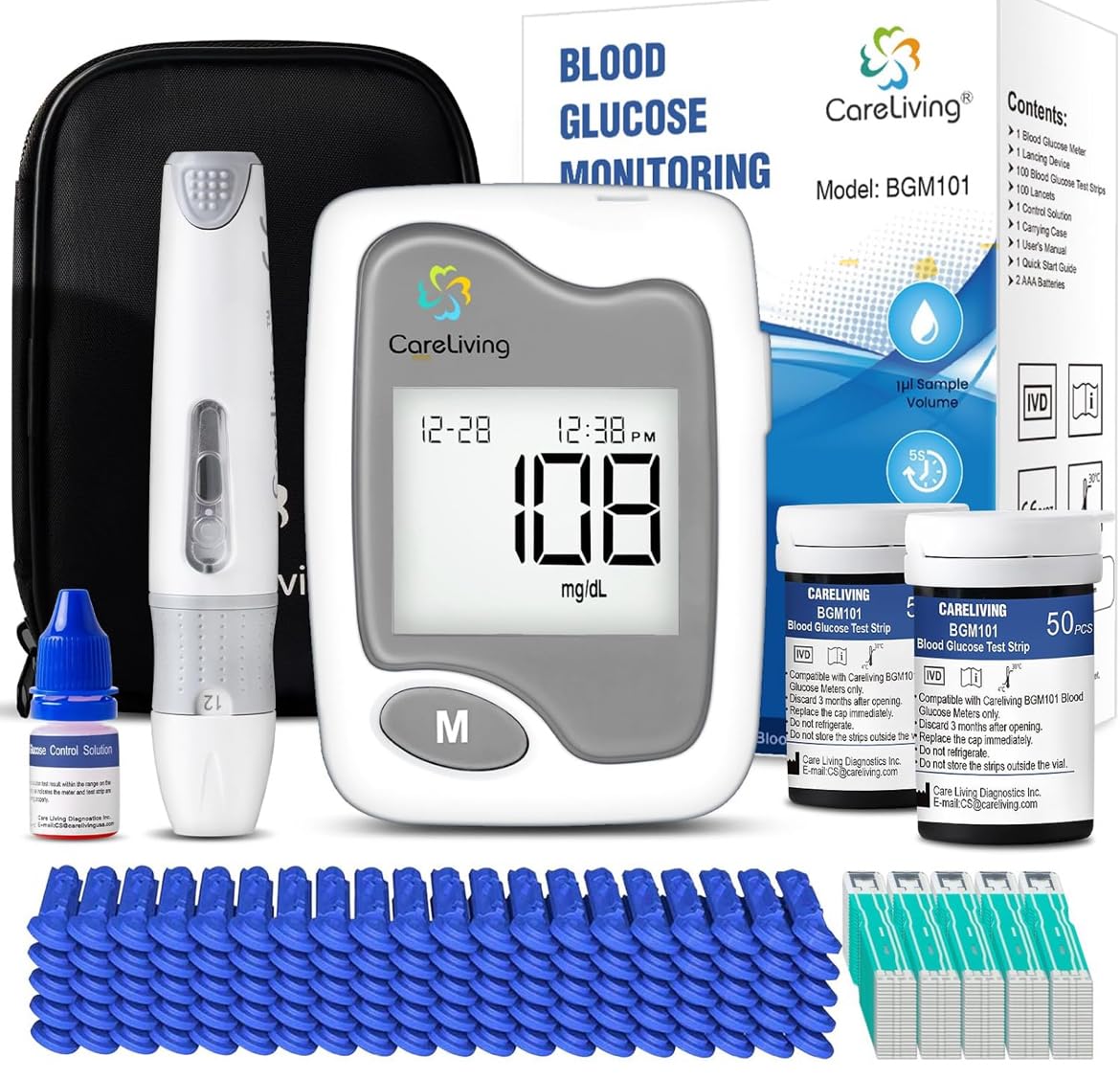 CareLiving BGM101 Blood Glucose Monitor Kit, 100 Test Strips, 100 Lancets, 1 Blood Glucose Meter, 1 Lancing Device, Diabetes Testing Kit, Portable Blood Sugar Test Kit, Glucometer Kit for Home customer photo 2