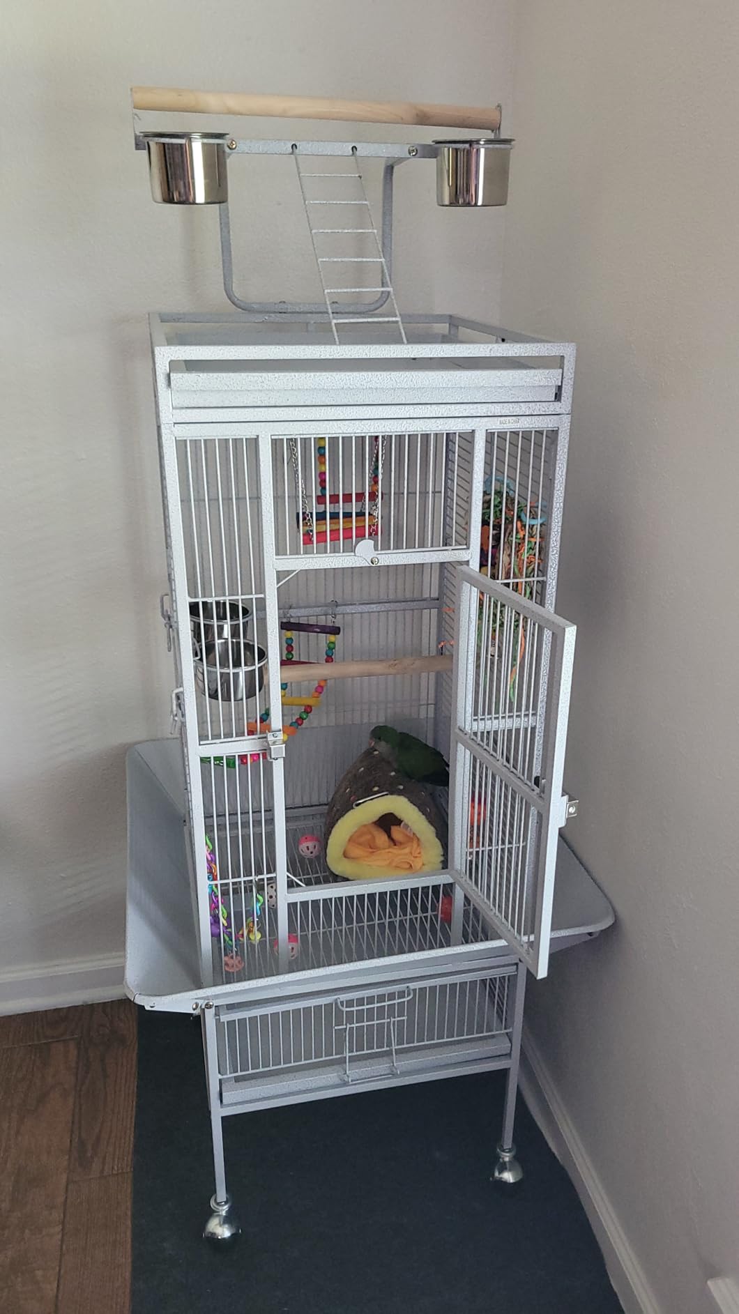 ZENY 61-inch Large Parrot Cockatiel Bird Cages with Wrought Iron Play Top, Aviary with Rolling Stand for Sun Parakeet Quaker Conure Lovebird Budgie Finch African Grey White Birdcage (White) customer photo 2