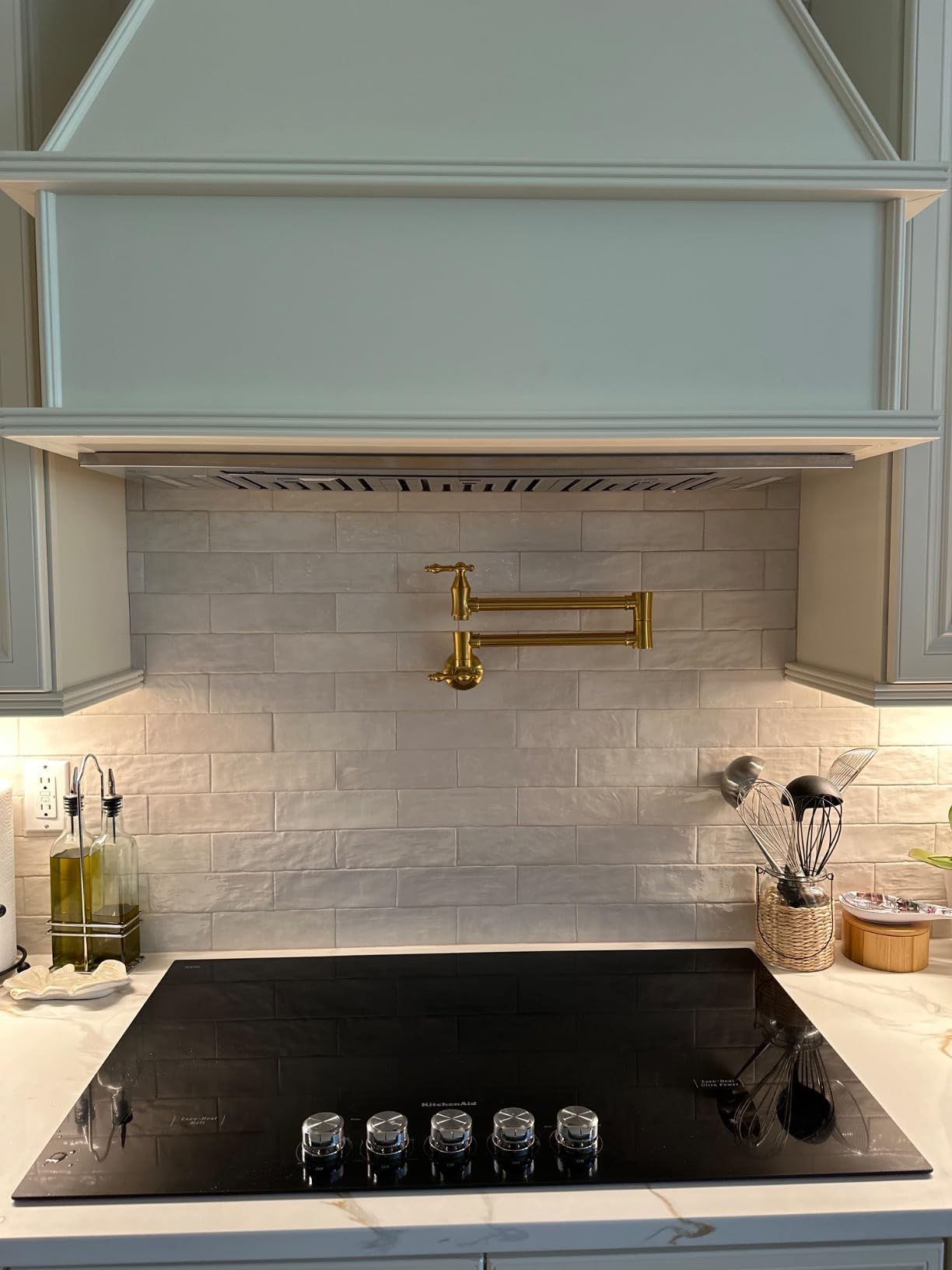 ARCORA Pot Filler Brushed Gold, Solid Brass Kitchen Stove Faucet | 24 Inch Over Stove Pot Filler Faucet Wall Mount, 360° Double Joint Swing Arms, 2 Handles, 1/2 NPT Thread, Lead-Free customer photo 1