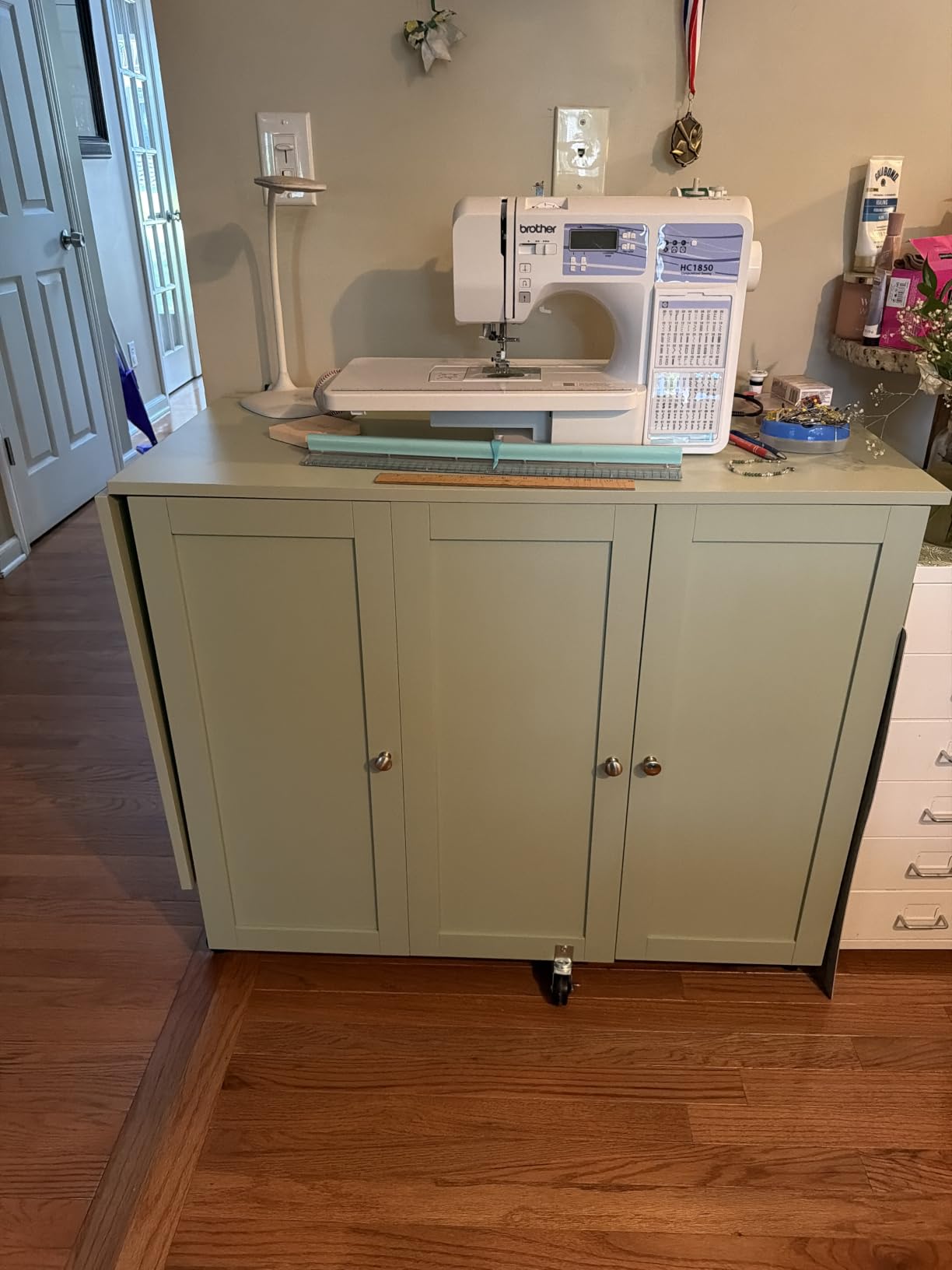 Best Choice Products Large Folding Sewing Table, Multipurpose Portable Craft Station & Side Desk w/Compact Design, Caster Wheels, Storage Shelves, 2 Storage Trays, Magnetic Doors - Natural/White customer photo 2