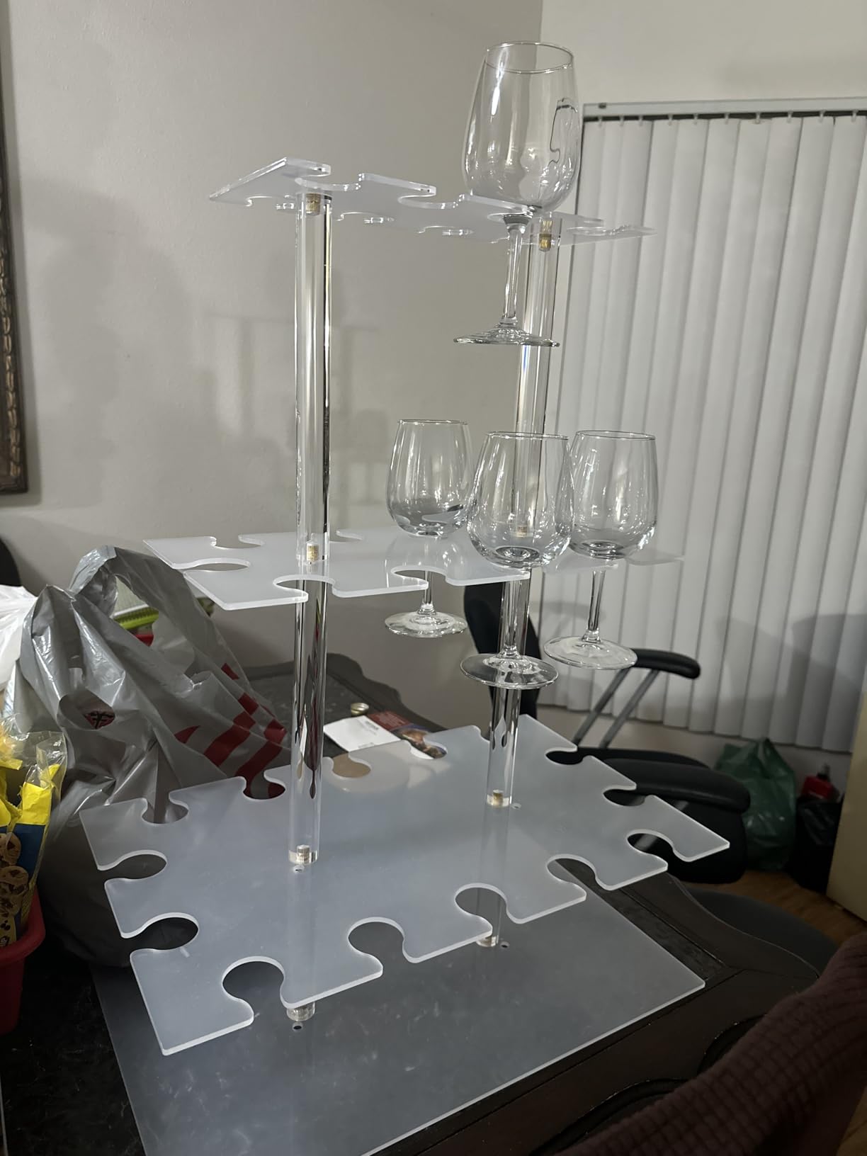 HeiMma Champagne Display Holder Stand for Party, 3 Tier Clear Acrylic Wine Glass Stemware Rack Martini Flute Holder with Led Light, Cocktail Tree Stand for Drinks, 32 Slots, Measures 26