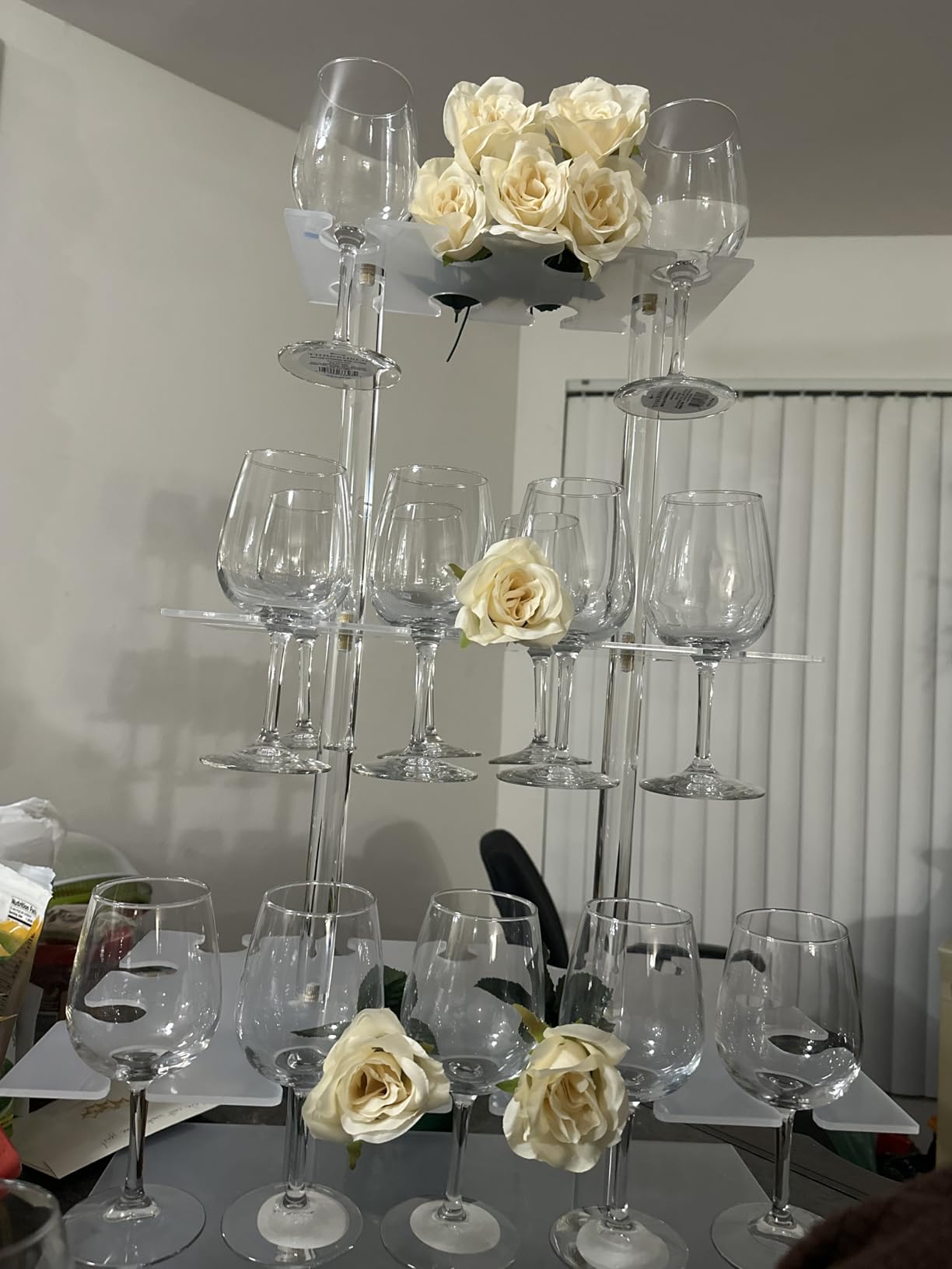 HeiMma Champagne Display Holder Stand for Party, 3 Tier Clear Acrylic Wine Glass Stemware Rack Martini Flute Holder with Led Light, Cocktail Tree Stand for Drinks, 32 Slots, Measures 26