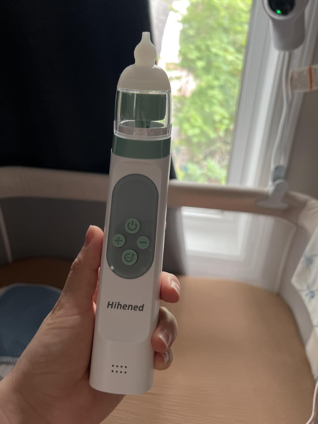 Electric Nasal Aspirator for Baby, Nose Aspirator for Toddlers, Waterproof Baby Nose Sucker, Nose Cleaner with 3 Silicone Tips, Adjustable Suction Level, Music and Light Soothing Function,Green customer photo 1