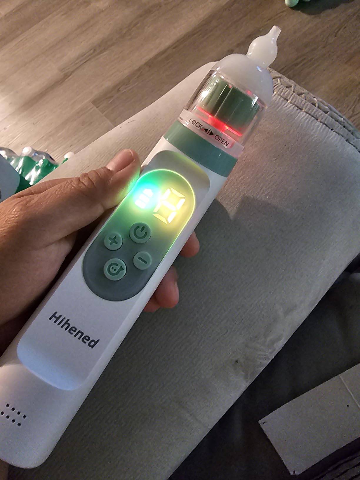 Electric Nasal Aspirator for Baby, Nose Aspirator for Toddlers, Waterproof Baby Nose Sucker, Nose Cleaner with 3 Silicone Tips, Adjustable Suction Level, Music and Light Soothing Function,Green customer photo 2