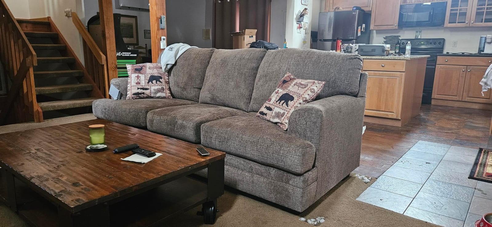 Signature Design by Ashley Stonemeade 3 Seat Chenille Sofa, Nutmeg | 92-in 3 seat couch, 100% polyester chenille, Anti-sag platform foundation, Faux wood finish legs, Living room use customer photo 1