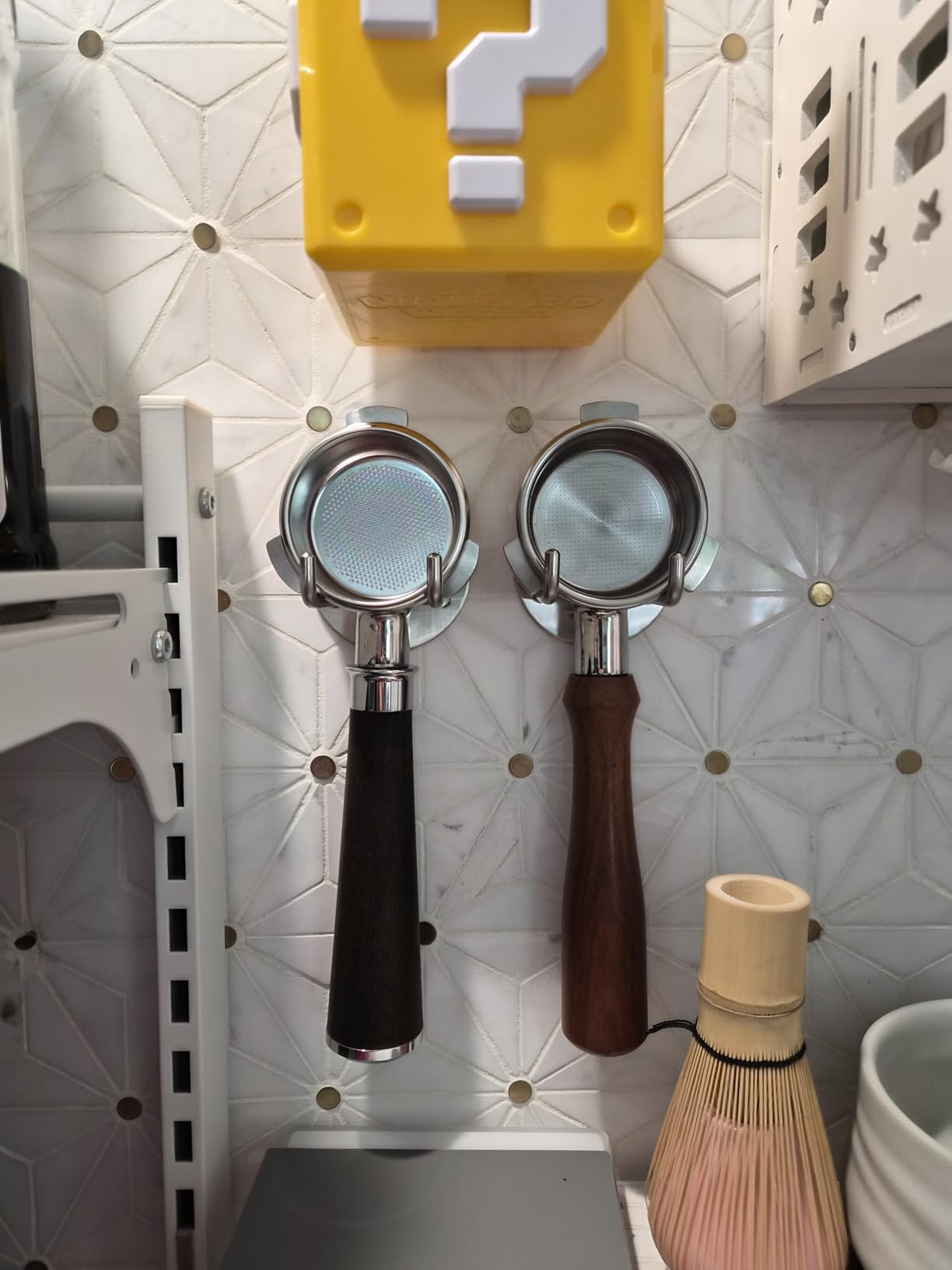 Adorila 2 Pack Stainless Steel Espresso Portafilter Rack, Wall Mount Coffee Portafilter Holder for 51mm 53mm 58mm Portafilters (Silver) customer photo 2