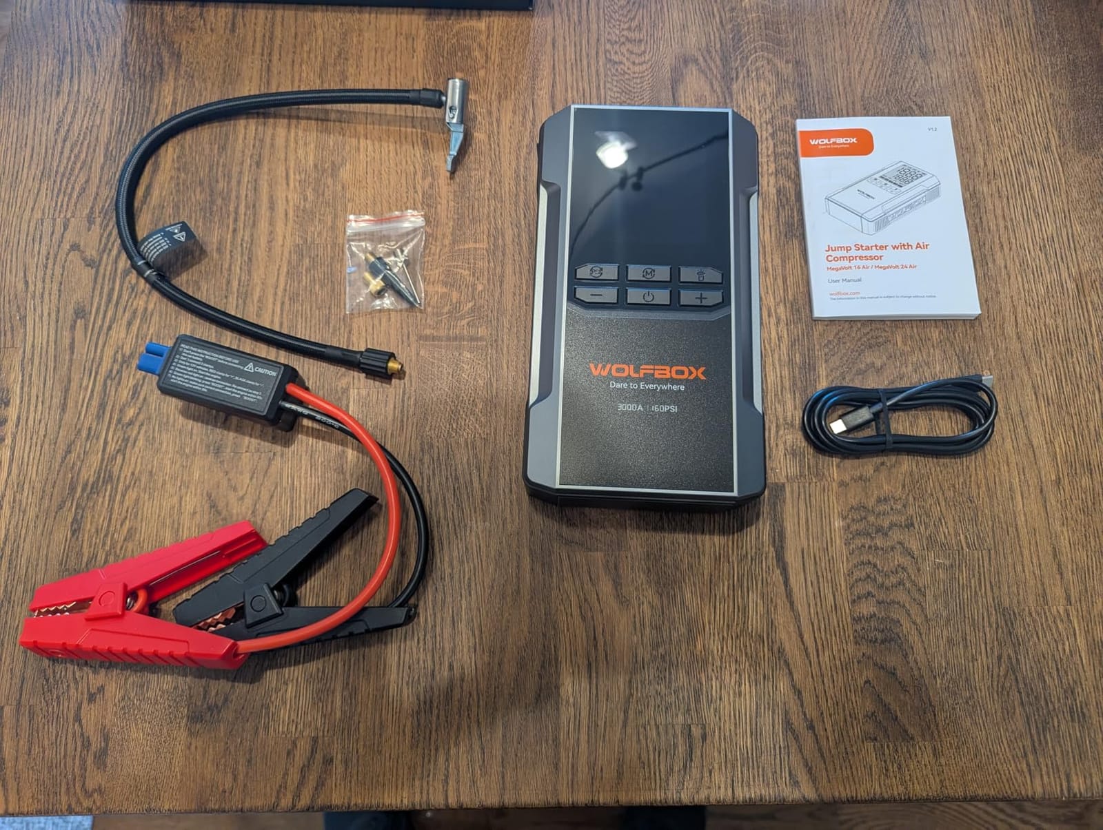 WOLFBOX MV16A 3000A Jump Starter with Air Compressor, 59.2Wh&160PSI Portable Car Battery Jump Starter with 65W Fast Charging, 12V Battery Pack (8L Gas 6L Diesel) with Boost, Light and Jumper Cables customer photo 2