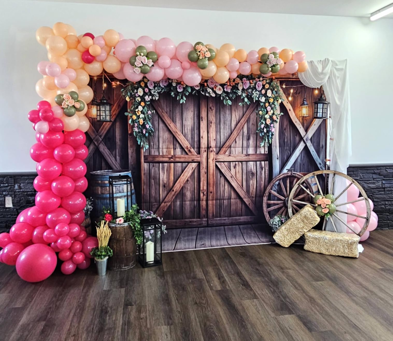10x8ft Country Wedding Photography Backdrop Rustic Barn Door Photography Backdrop Farmhouse Pink Flower Cabin Wooden Birthday Baby Shower Wedding Bridal Party Banner Photo Booth Props Background customer photo 2