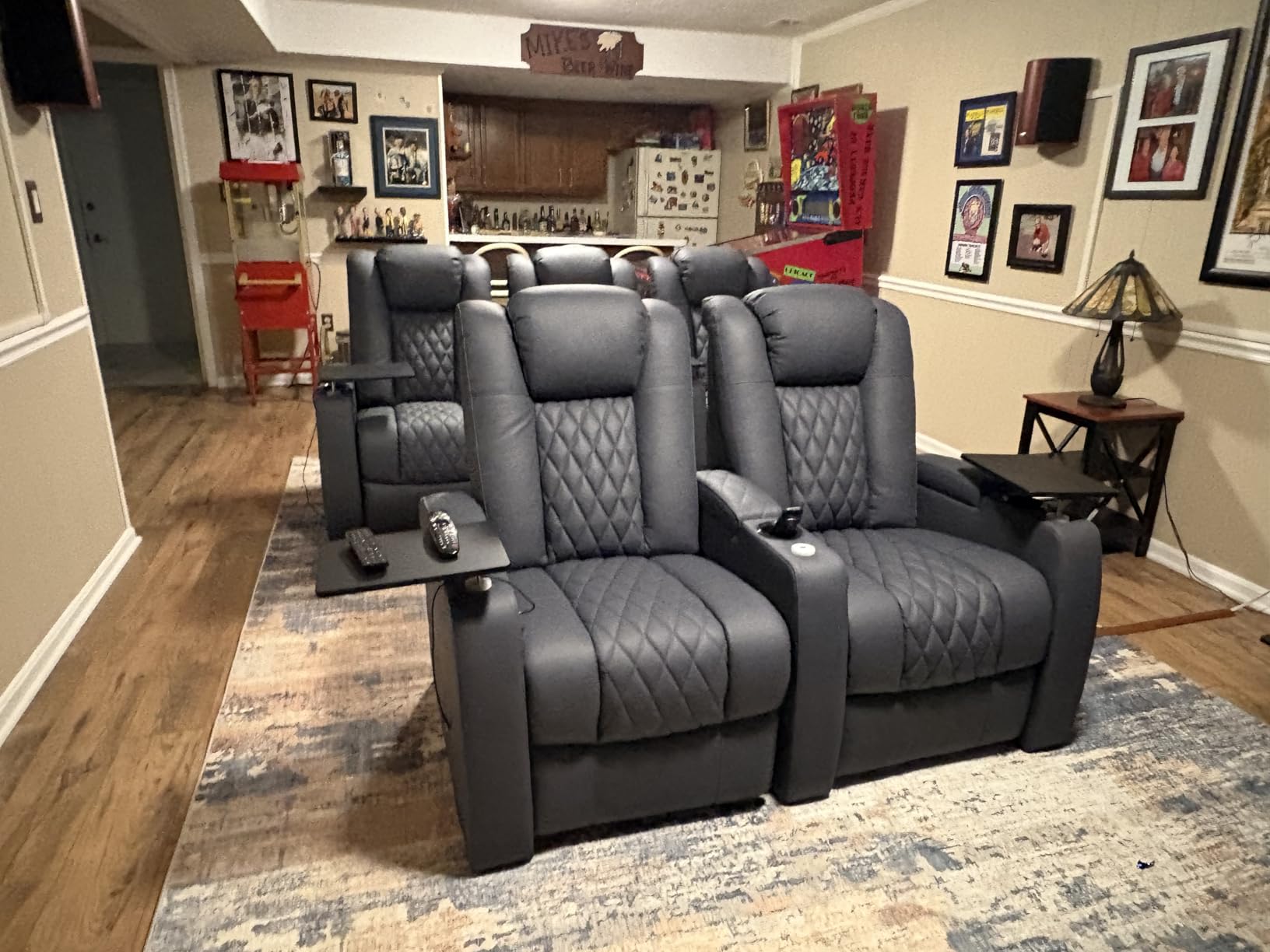 comfiroom Top-Grain Leather Home Theater Seating, Dual-Motor Power Recliner | Classic Blue Zero Gravity Motorized Theater Chair with USB Charging Adjustable Headrest Tray Table, Row of 4 Loveseat Middle customer photo 1