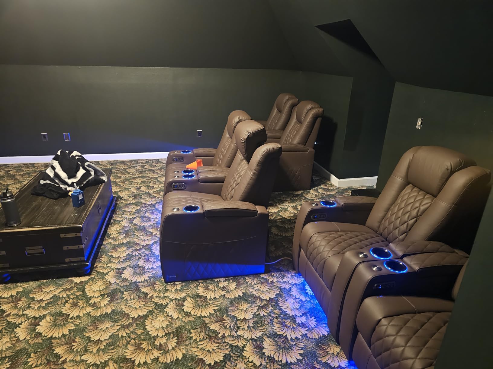 comfiroom Top-Grain Leather Home Theater Seating, Dual-Motor Power Recliner | Classic Blue Zero Gravity Motorized Theater Chair with USB Charging Adjustable Headrest Tray Table, Row of 4 Loveseat Middle customer photo 2
