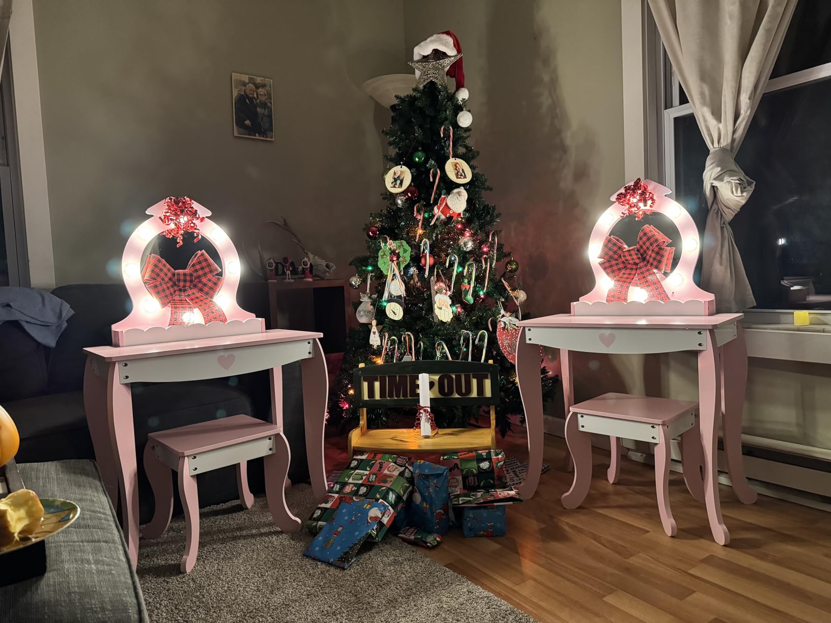 MU Kids Vanity Set with Lighted Mirror and Stool, Kids Make Up Vanity Desk with Storage Space, Wing Pattern for Little Girls, Toddler Princess Makeup Dressing Table with Chair Set, Pink customer photo 2