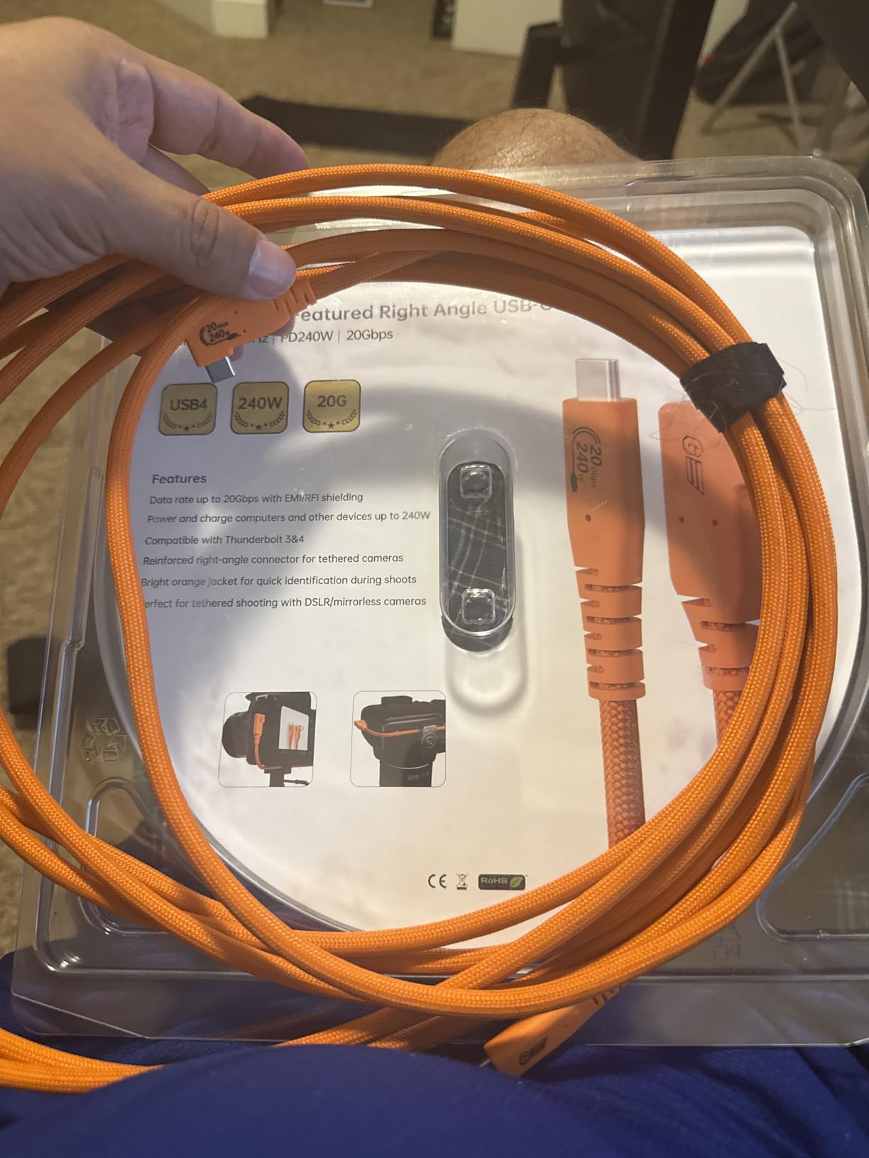 GeoHN.G USB C Tethering Cable 16.5FT, Right Angle USB4 Video Cable with PD 240W, 4K@60Hz 20Gbps Link Cord for Fast Transfer and Connection Between Camera and Computer-Sony/Canon/Nikon/MacBook customer photo 1