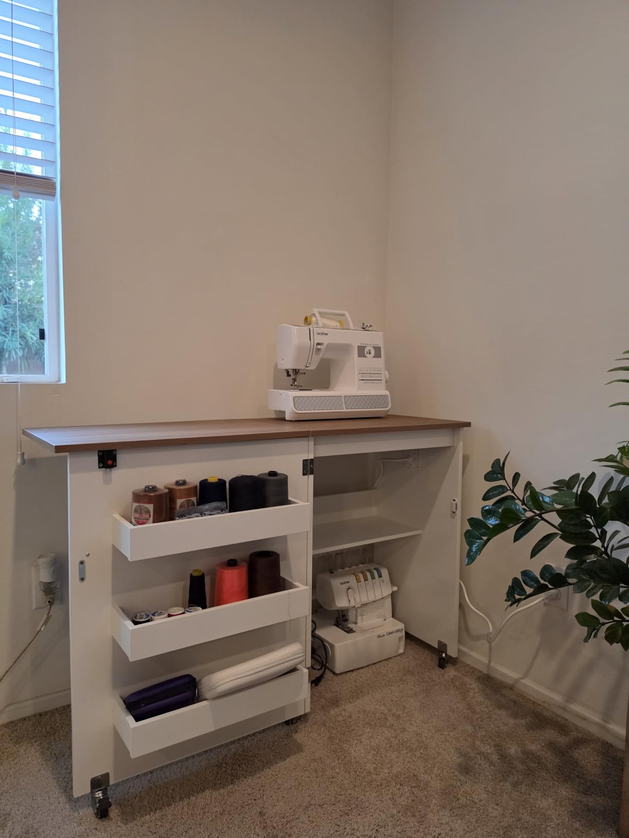 COSTWAY Folding Sewing Table with Charging Station, White & Natural customer photo 2
