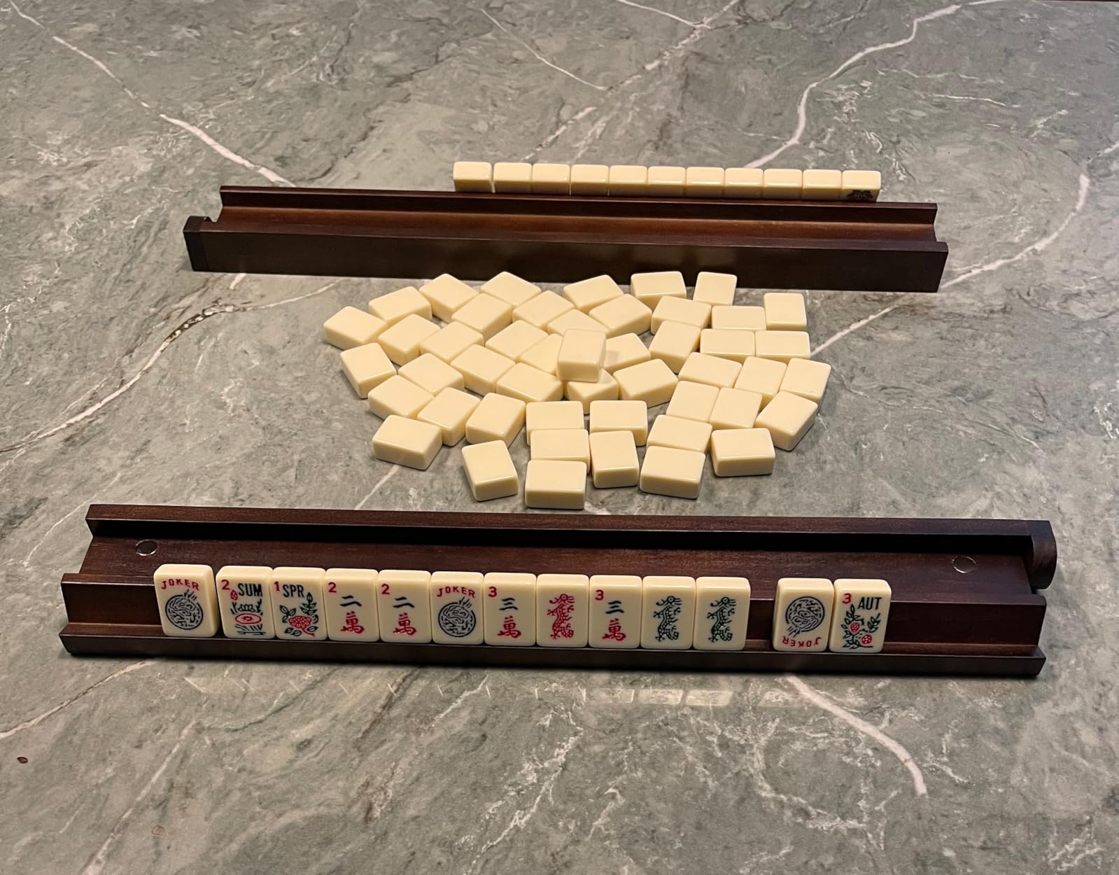 MUTEX American Mahjong Set with 166 Premium Tiles & 4pcs Walnut Wooden Rack - Traveler Size Stylish Blue Carrying Bag & Accessories, Ideal for Lessons, Family Game Nights, Beginners & Holiday Gifting customer photo 1