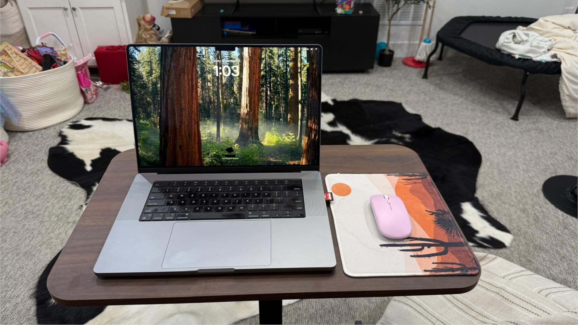 HUANUO Small Rolling Laptop Standing Desk, Height Adjustable Mobile T-Base Desk with Lockable Casters, Portable Sit-Stand Workstation for Bedside & Sofa, Walnut customer photo 2