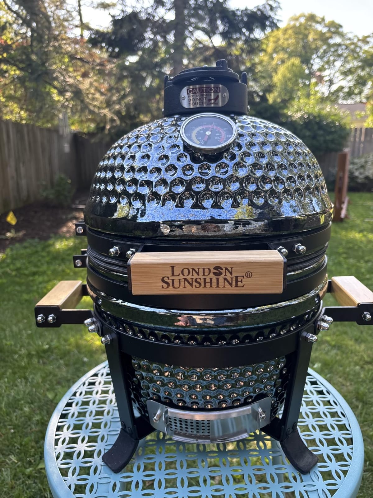 London Sunshine 13-Inch Ceramic Kamado Grill, Waterproof Vent Cap, Green customer photo 2