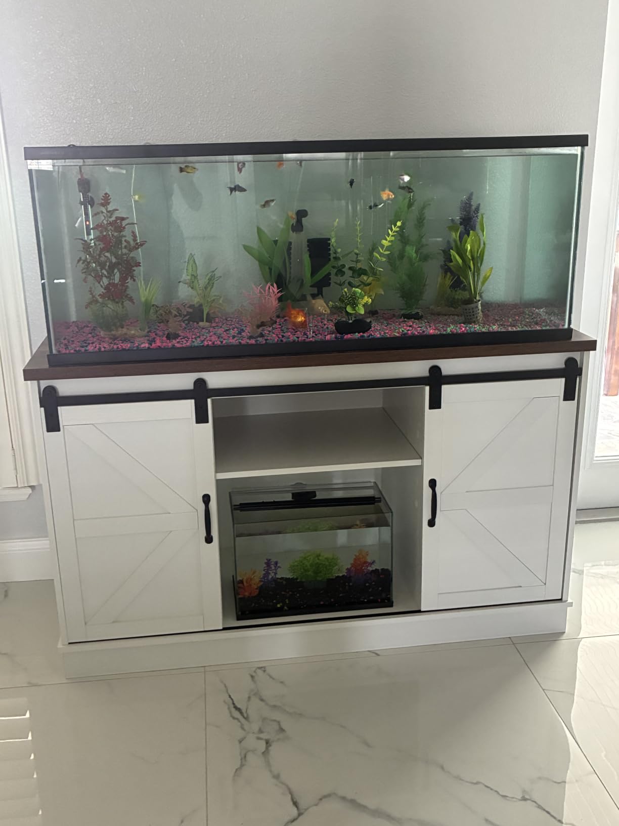 Hlivelood Farmhouse 75-120 Gallon Fish Tank Stand with Power Outlet, Aquarium Stand w/Cabinet&Sliding Barn Door, Heavy Duty Reptile Tank Stand for Fish/Turtle/Reptile Terrarium, 1000LB Capacity, White customer photo 2