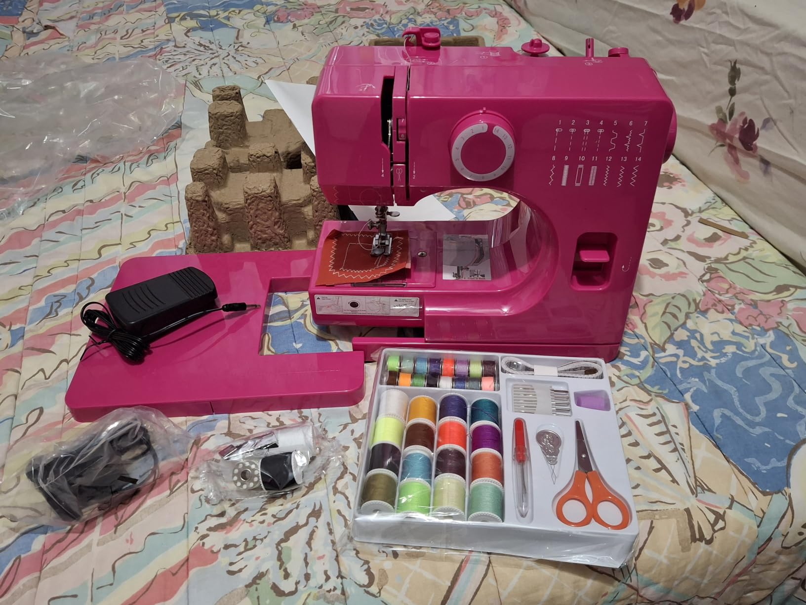 Portable Mini Sewing Machine for Beginners, 14 Stitches, Easy Dial Control, LED Light & Extension Table, Compact Lightweight for Home DIY Mending, Ideal Gift for Kids Adults Bright pink customer photo 1