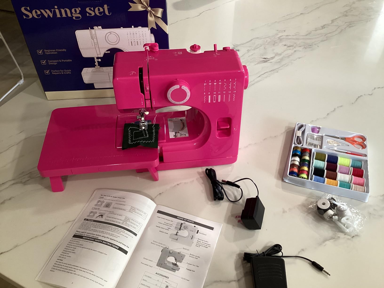Portable Mini Sewing Machine for Beginners, 14 Stitches, Easy Dial Control, LED Light & Extension Table, Compact Lightweight for Home DIY Mending, Ideal Gift for Kids Adults Bright pink customer photo 2