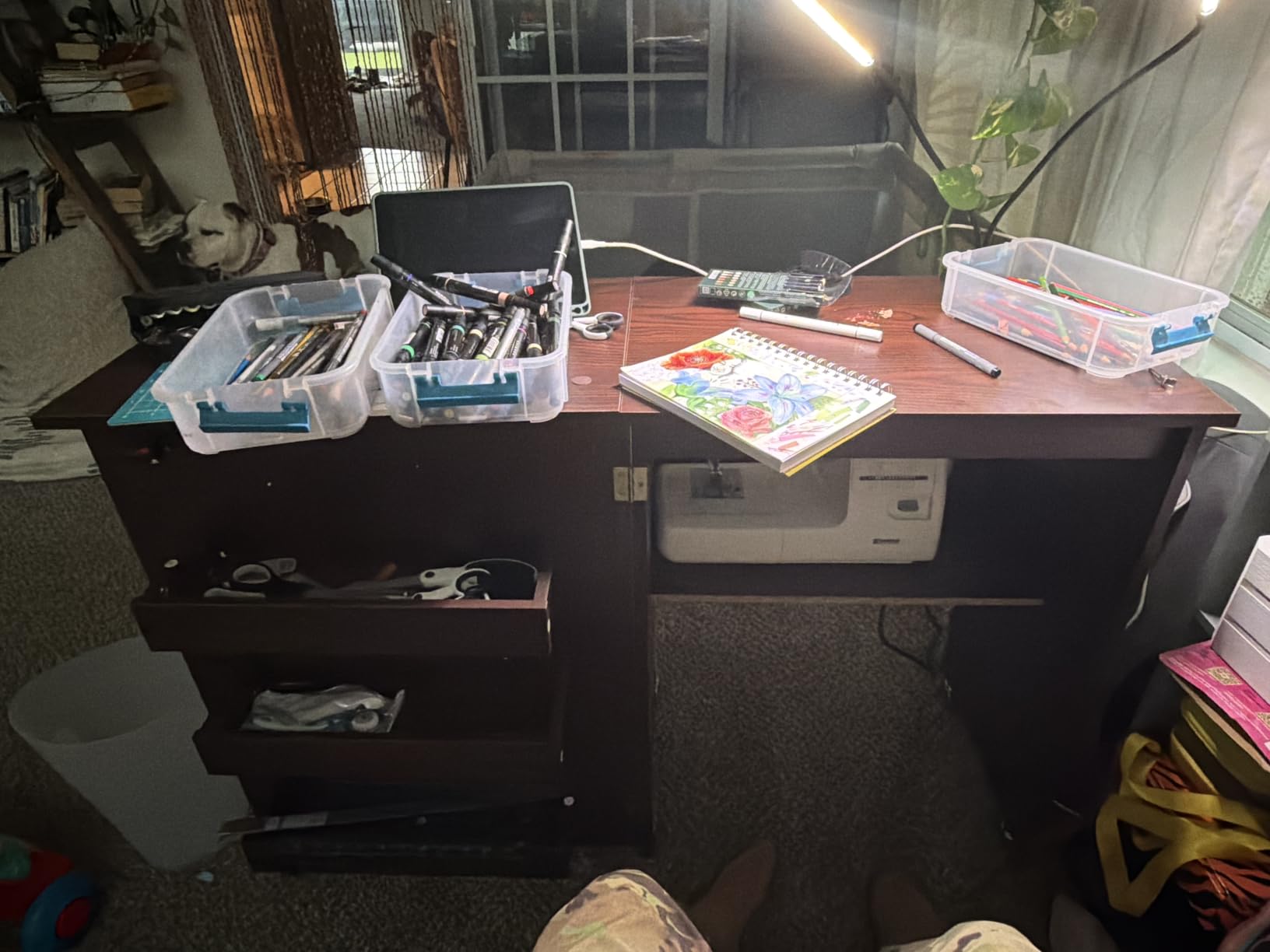 GIANTEX Folding Sewing Table with Charging Station, Storage Trays & Shelf customer photo 1