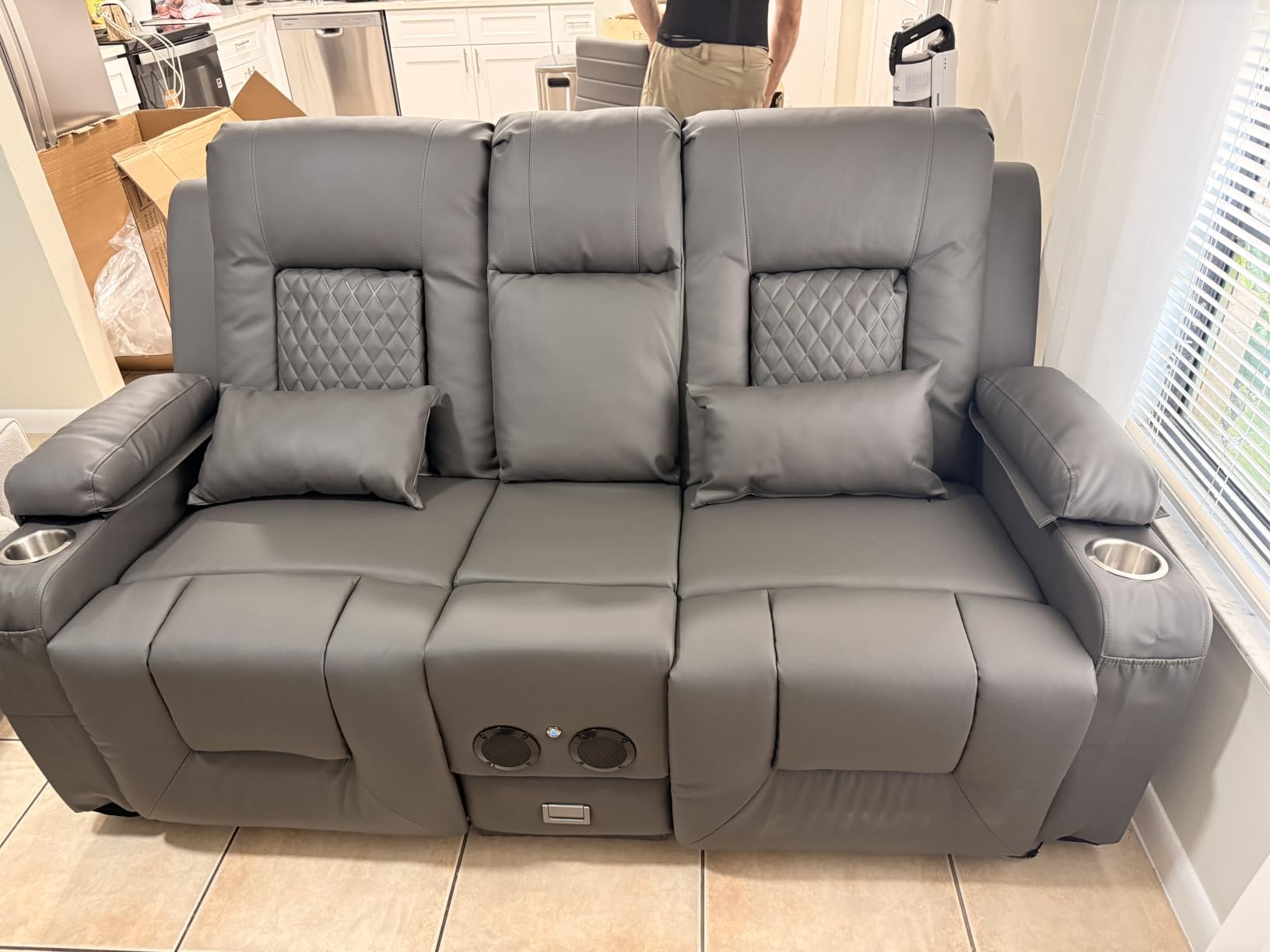 Power Loveseat Recliner Sofa, Electric Reclining Loveseat Couch with Console, Home Theater Seating with Bluetooth Speaker & LED Light, Zero Wall Hugger RV Sofa Furniture with Built-in Outlet & Storage customer photo 1