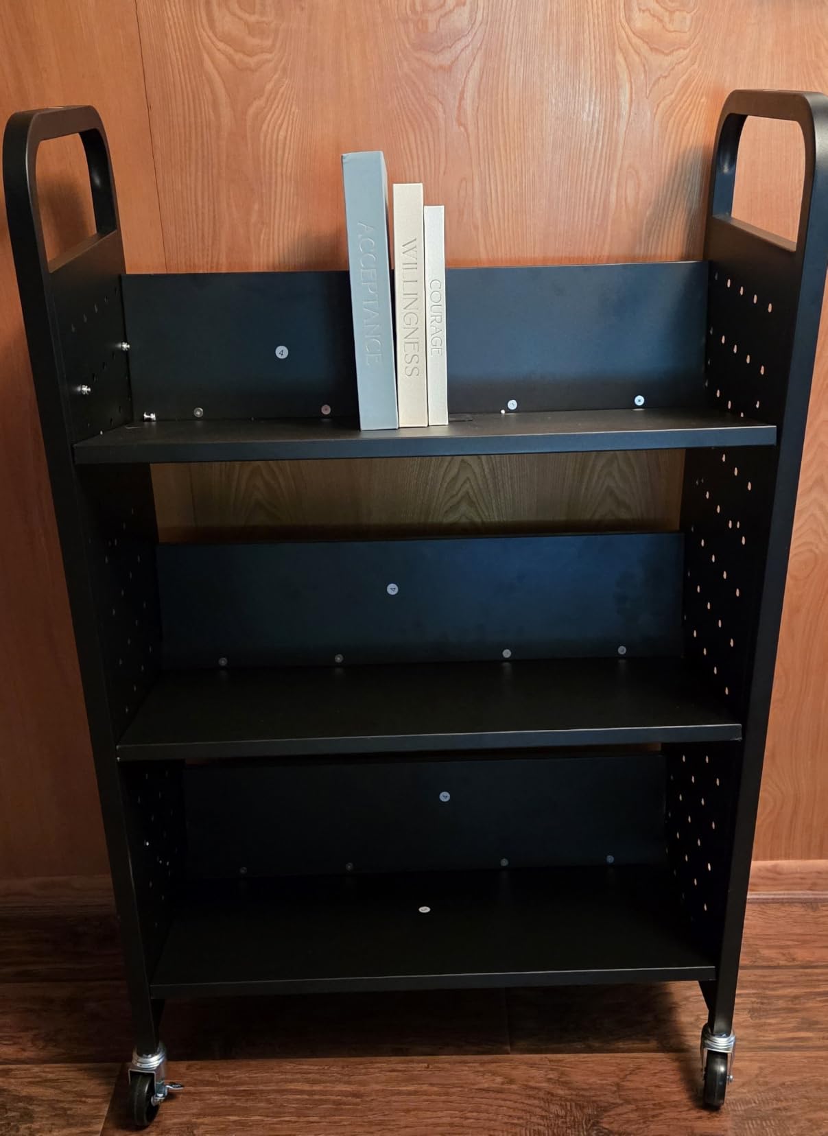 Rolling Library Book Cart, V-Shaped Heavy Duty Metal Book Carts with Wheels, Carbon steel 3-tier truck, silent lockable TPR casters, ergonomic V-shaped shelves customer photo 2