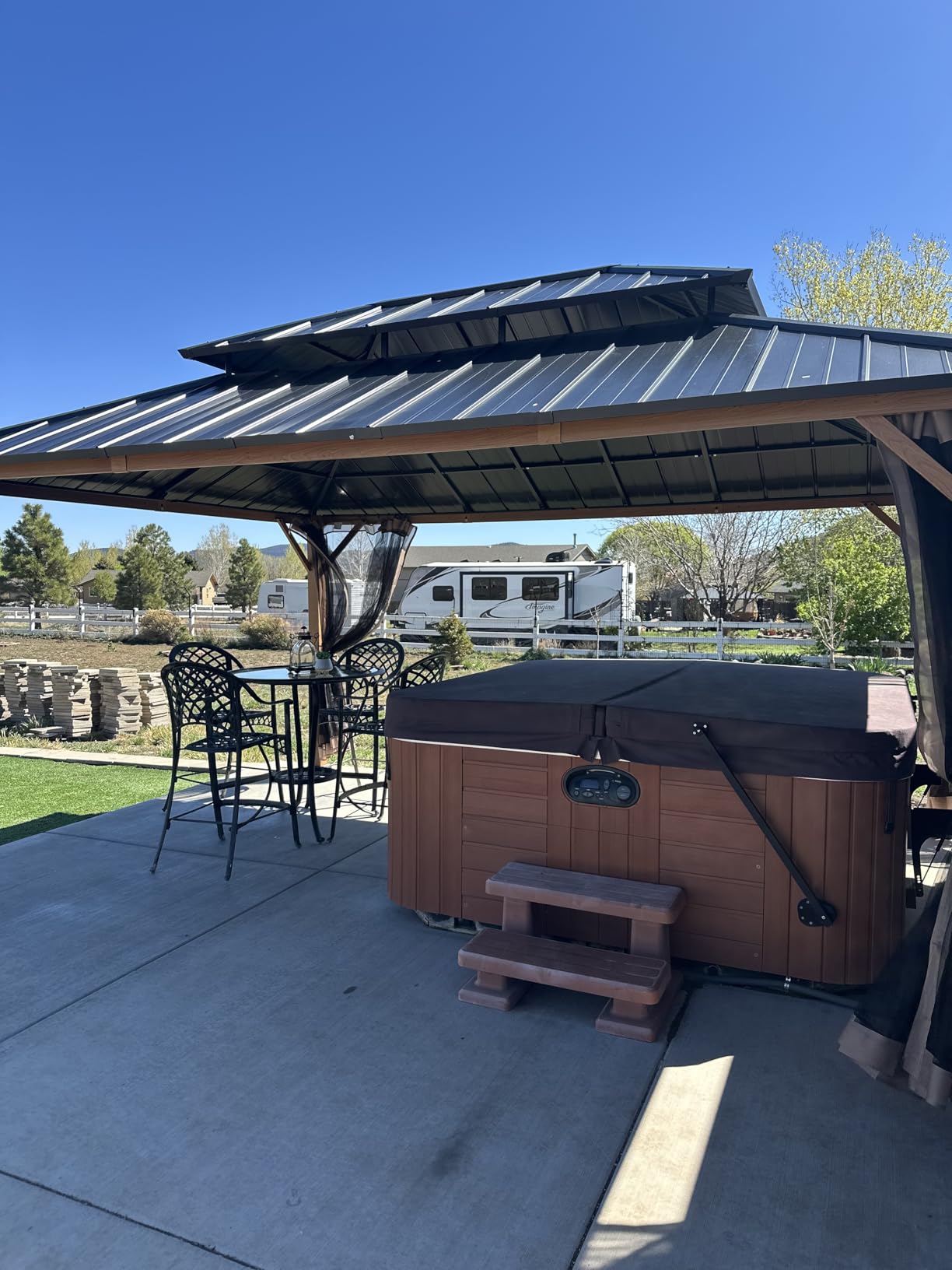 Modern Shade Hardtop Gazebo 10x12 with 4 LED Lights for Backyard Wood Grain customer photo 1