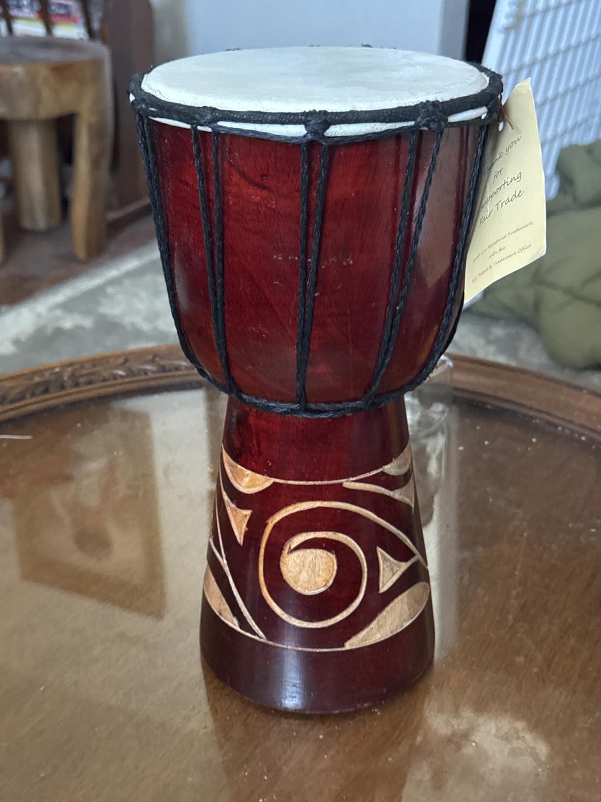 Djembe Drum – Hand Carved African Drum, Bongo Congo Style – Solid Mahogany with Goatskin Head, Tribal Painted Design – 12