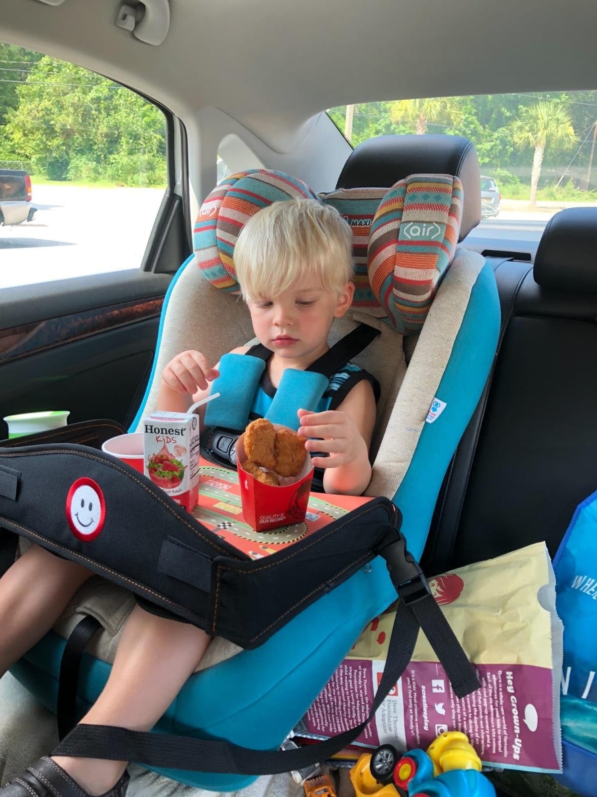 Coolmum 2-in-1 Kids Toddler Travel Tray & Back Seat Organizer — Foldable Waterproof Car Tray with Tablet Holder, Cup Holder, Storage Pockets for Road Trips & Airplane (Premium Black) customer photo 2