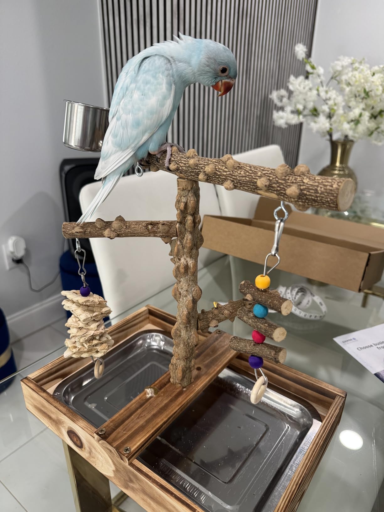 LIMIO Natural Wood Bird Toys Playground, Bird Cage Accessories, Bird Perches, with Removable Tray and 2 Stainless Steel Cups customer photo 2