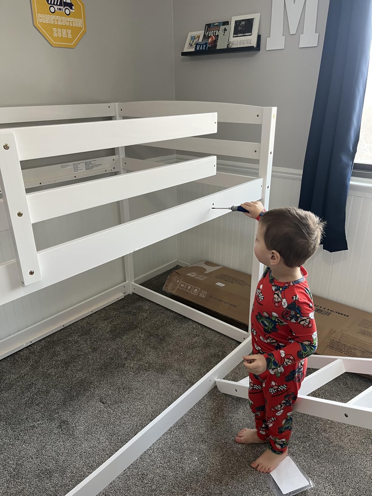 GIANTEX Twin Low Bunk Bed, Solid Wood Twin Over Twin Bunk Bed Frame with Full Guardrails & Integrated Ladder, Floor Twin Bunk Beds for Kids Boys and Girls, No Box Spring Needed, White customer photo 2