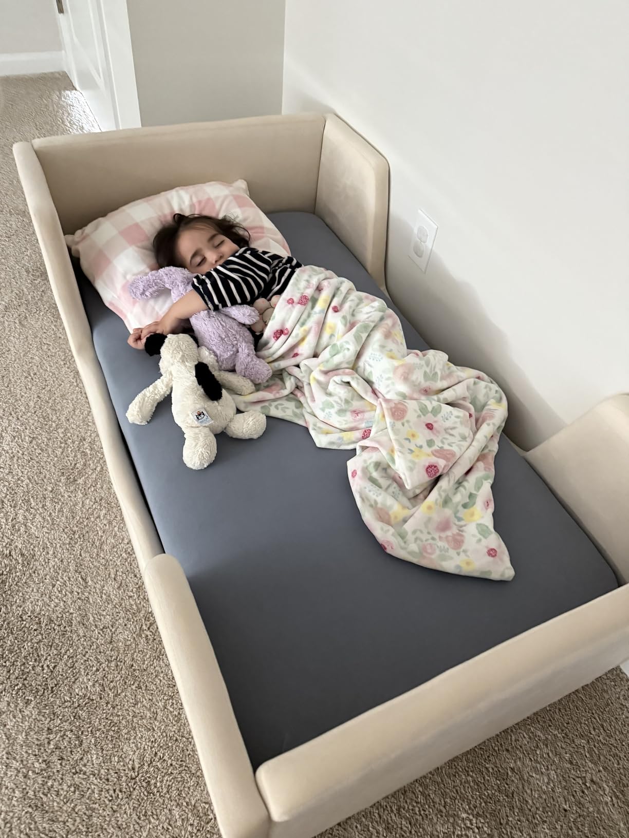 allamazing Toddler Bed, Toddler Floor Bed Frame with Guard Rails, Kids Beds for Ages 2-6 Years, Small Bed for Kids Girls and Boys, Standard Crib Mattress Toddler Beds, Certified Fabric Beds customer photo 1